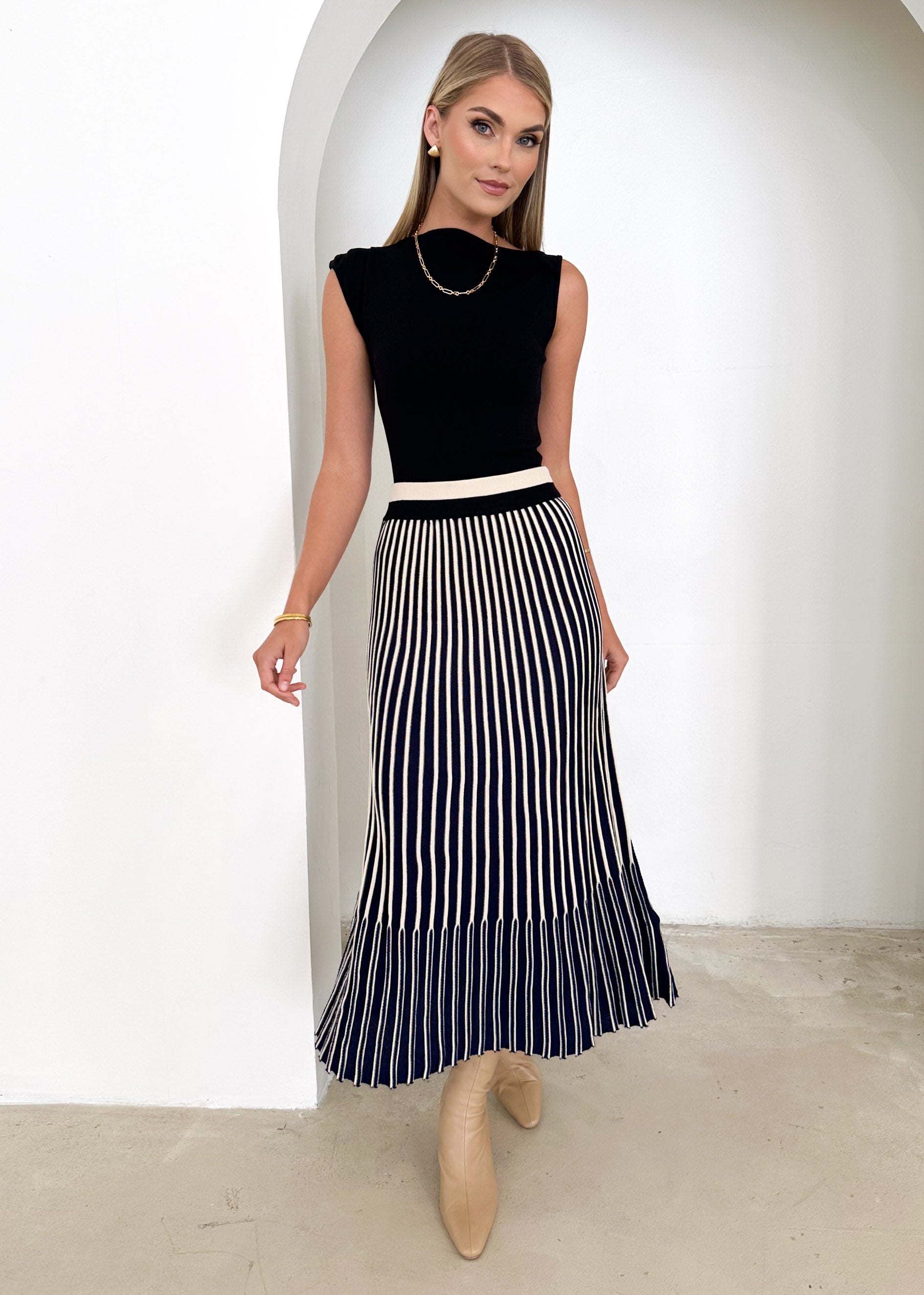 Powan Knit Midi Skirt - Navy Stripe