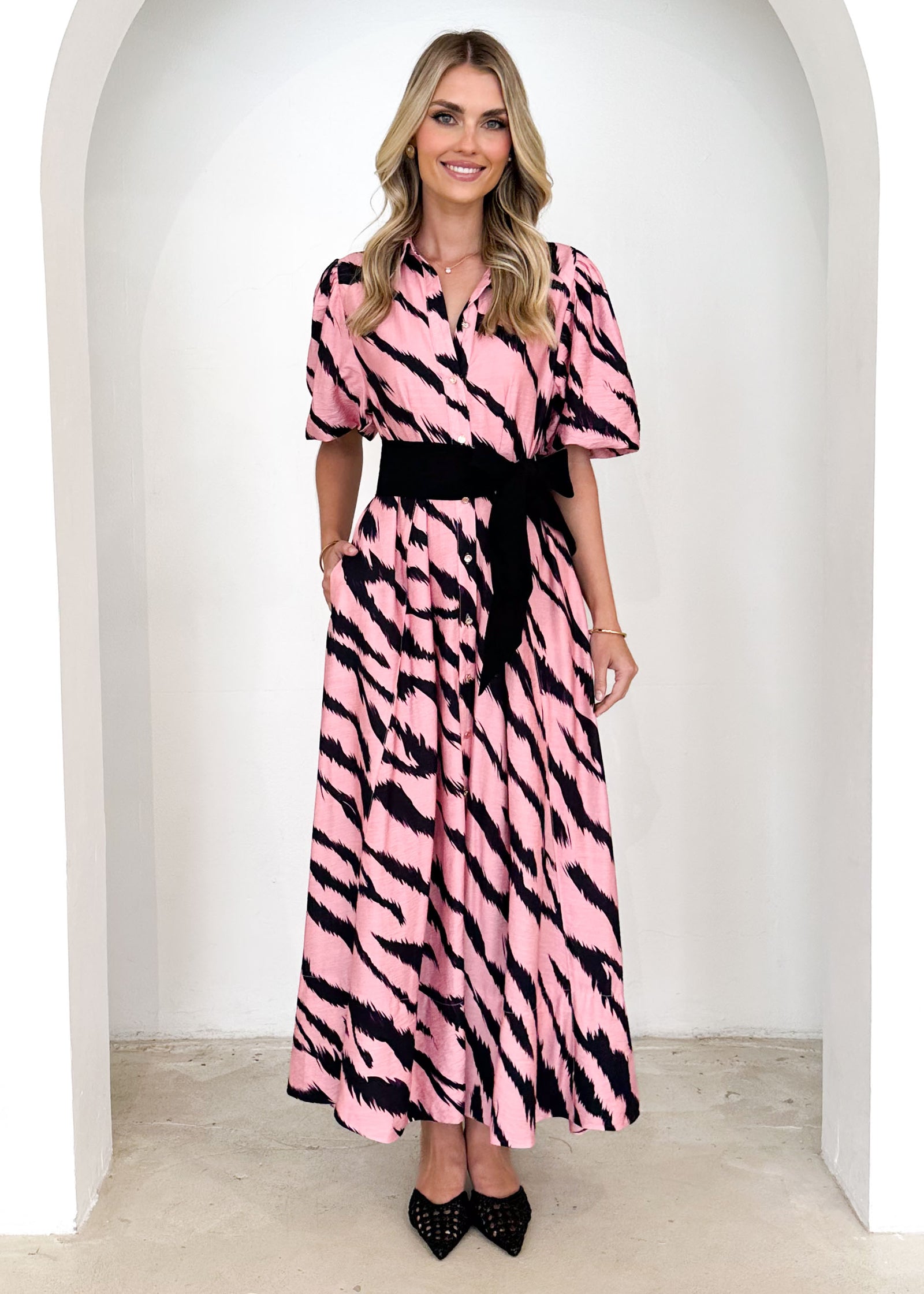 zebra print and pink dresses Warehouse Women's Pink Zebra Print Viscose V Neck Long Puff Sleeve Midi Dress