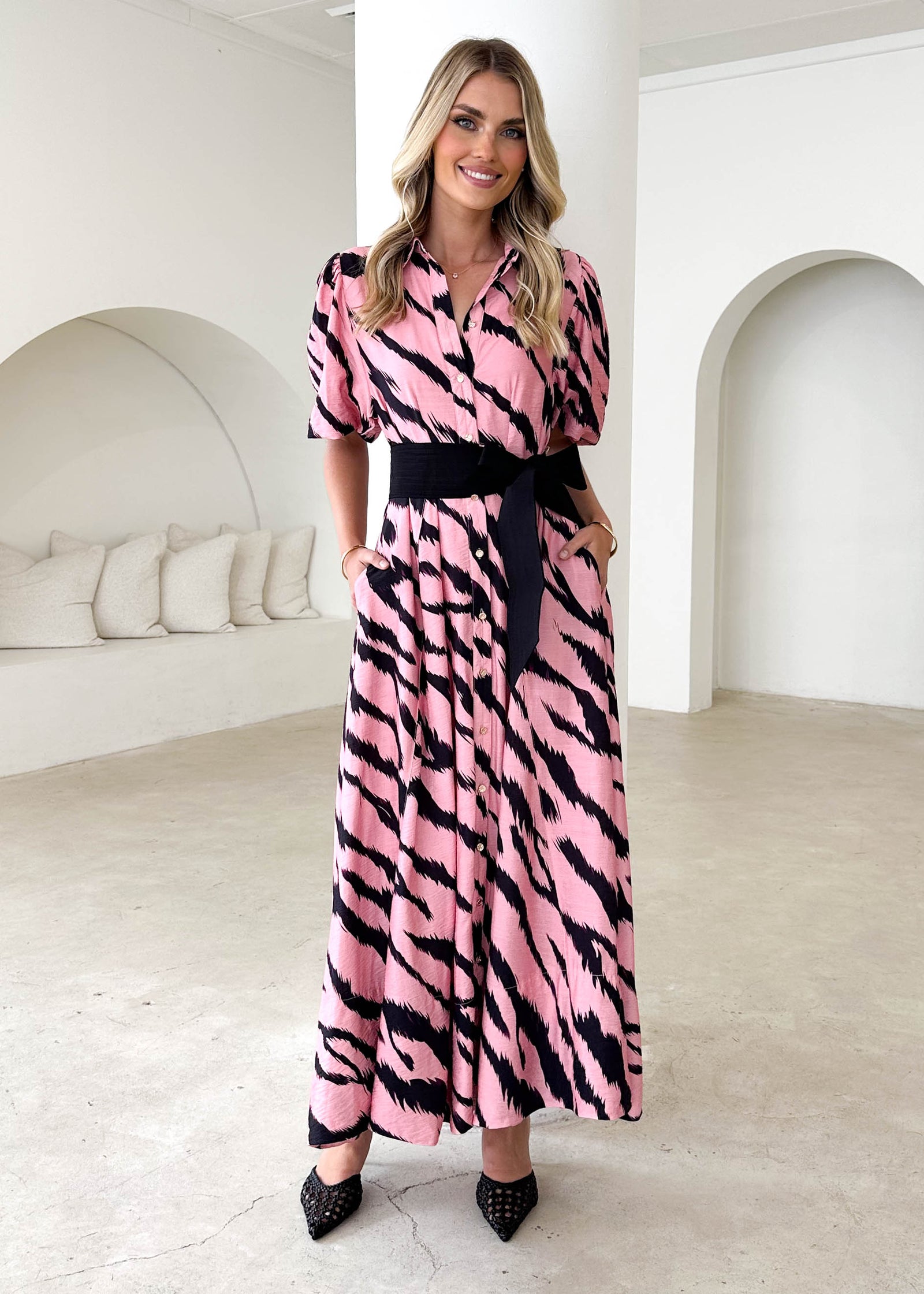rixo pink zebra dress Who what wear, Rixo, Rixo silk Emma Tiger print midi dress, Pink dress #shopbop #humansofrixo #fashionblogger