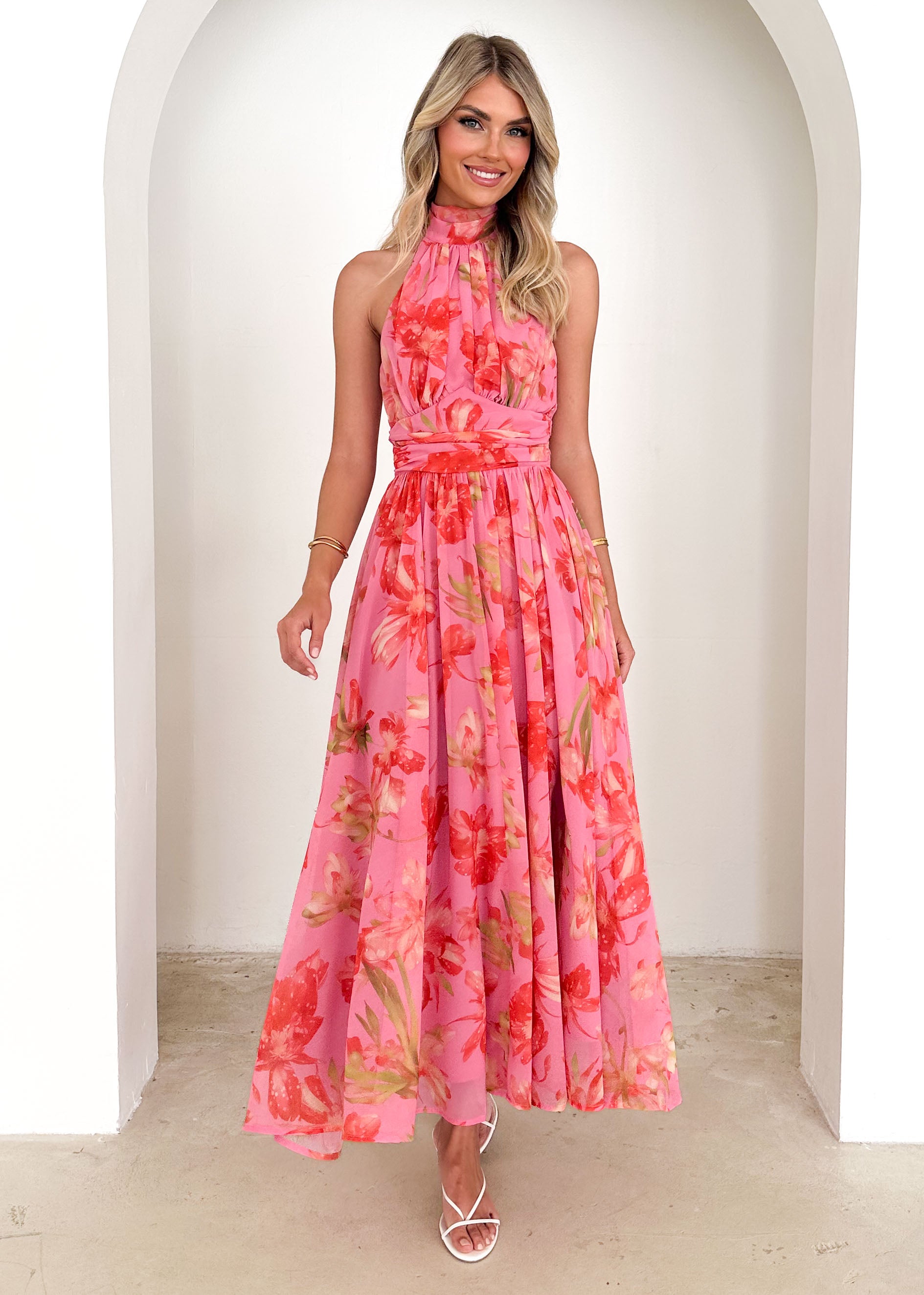 Caprice Halter Maxi Dress - Pink Floral