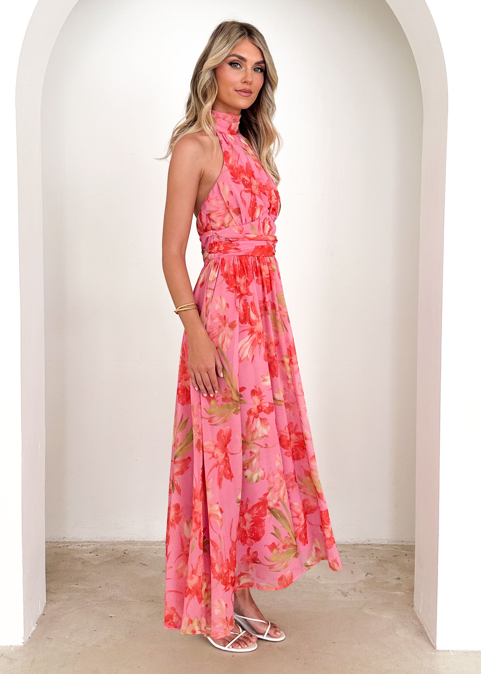 Caprice Halter Maxi Dress - Pink Floral