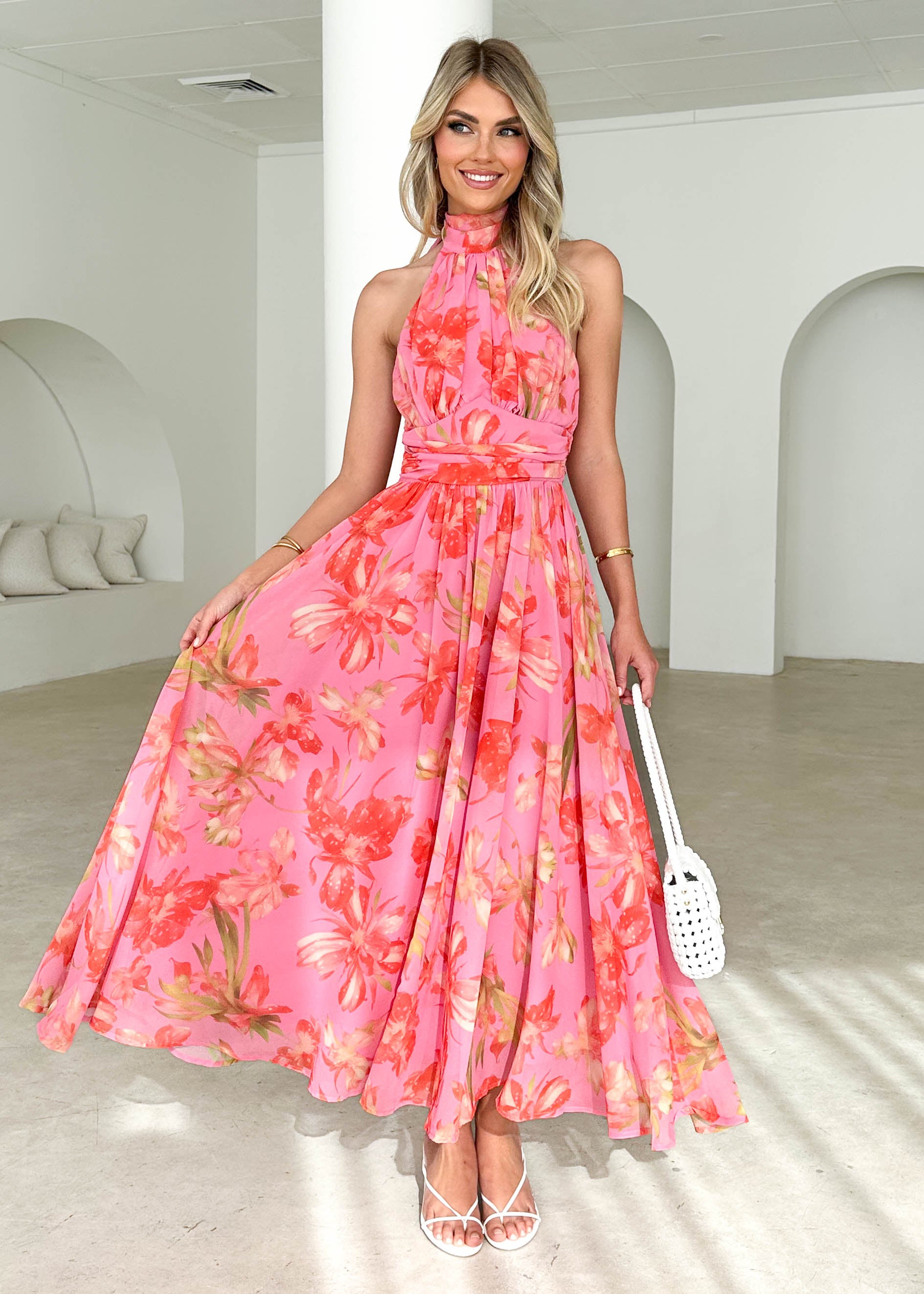 Caprice Halter Maxi Dress - Pink Floral