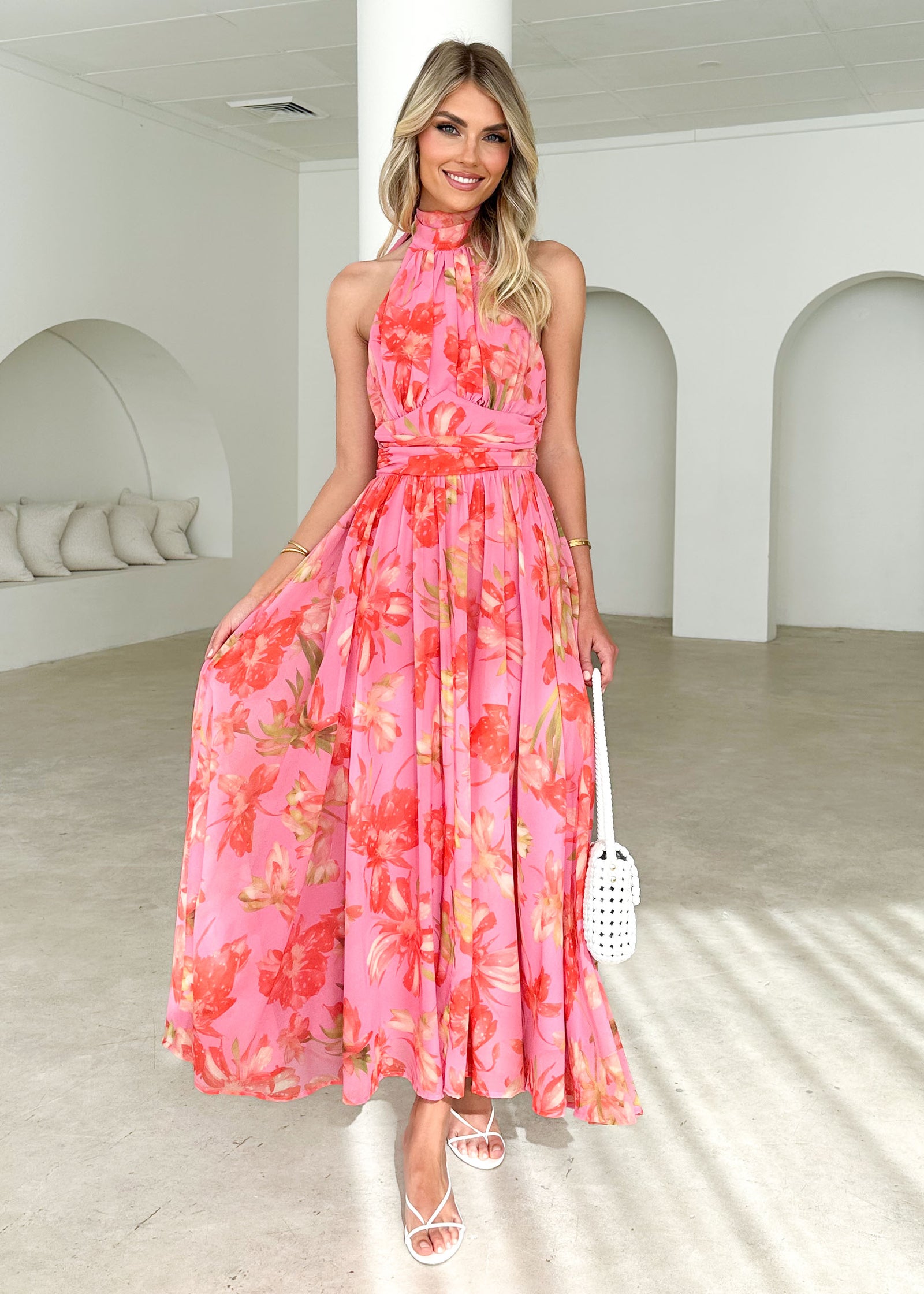 Caprice Halter Maxi Dress - Pink Floral Gingham & Heels Caprice Halter Maxi Dress - Pink Floral Gingham & Heels