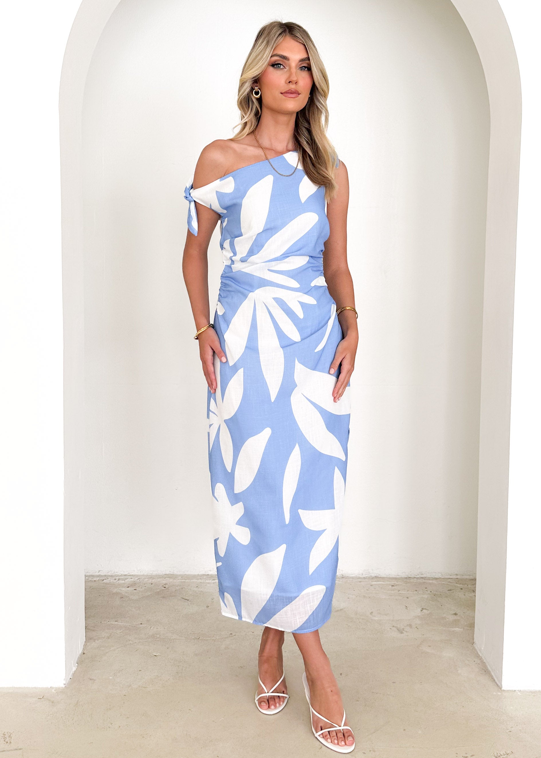 PRE-ORDER : Dulcie One Shoulder Midi Dress - Blue Abstract