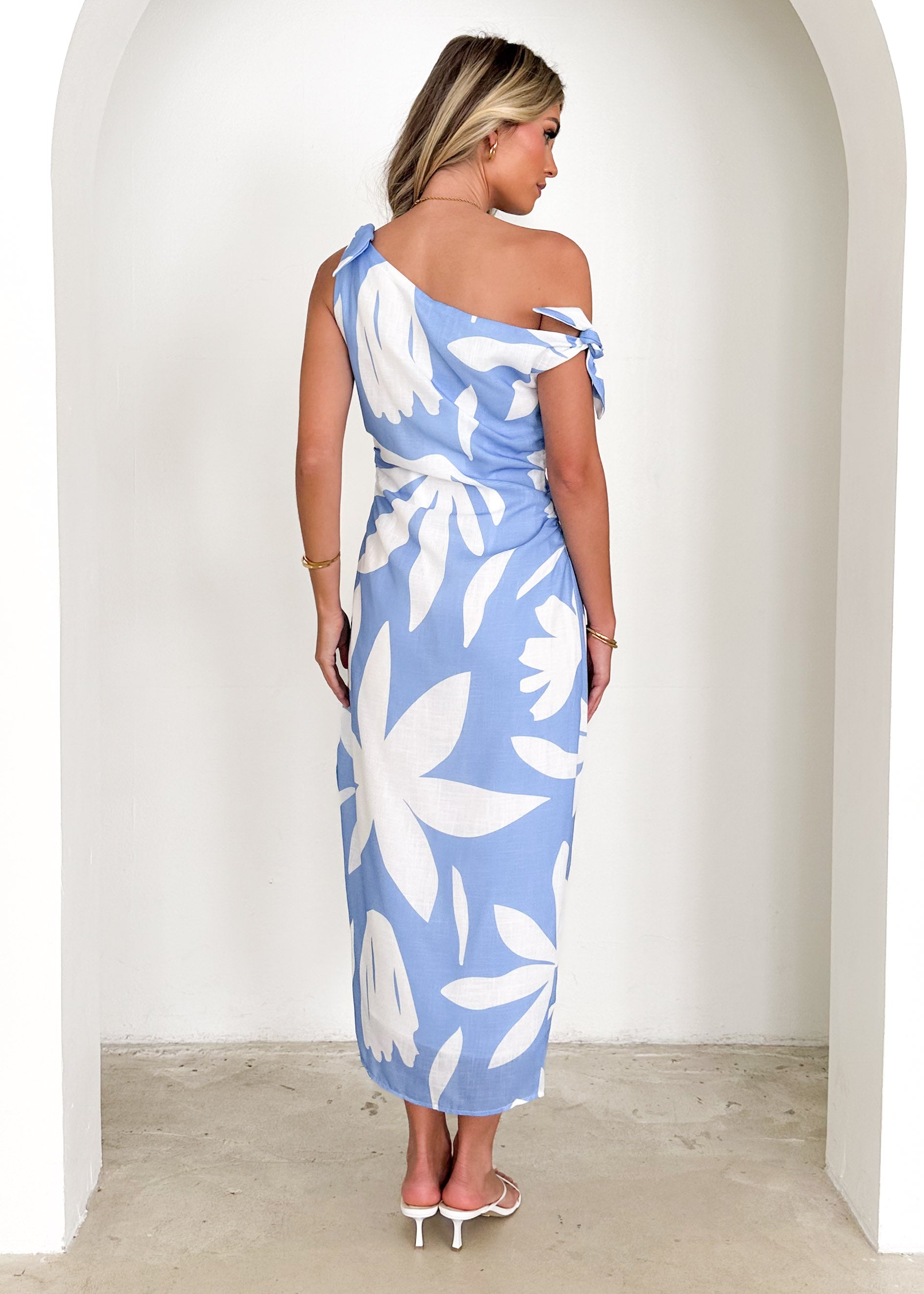 Dulcie One Shoulder Midi Dress - Blue Abstract