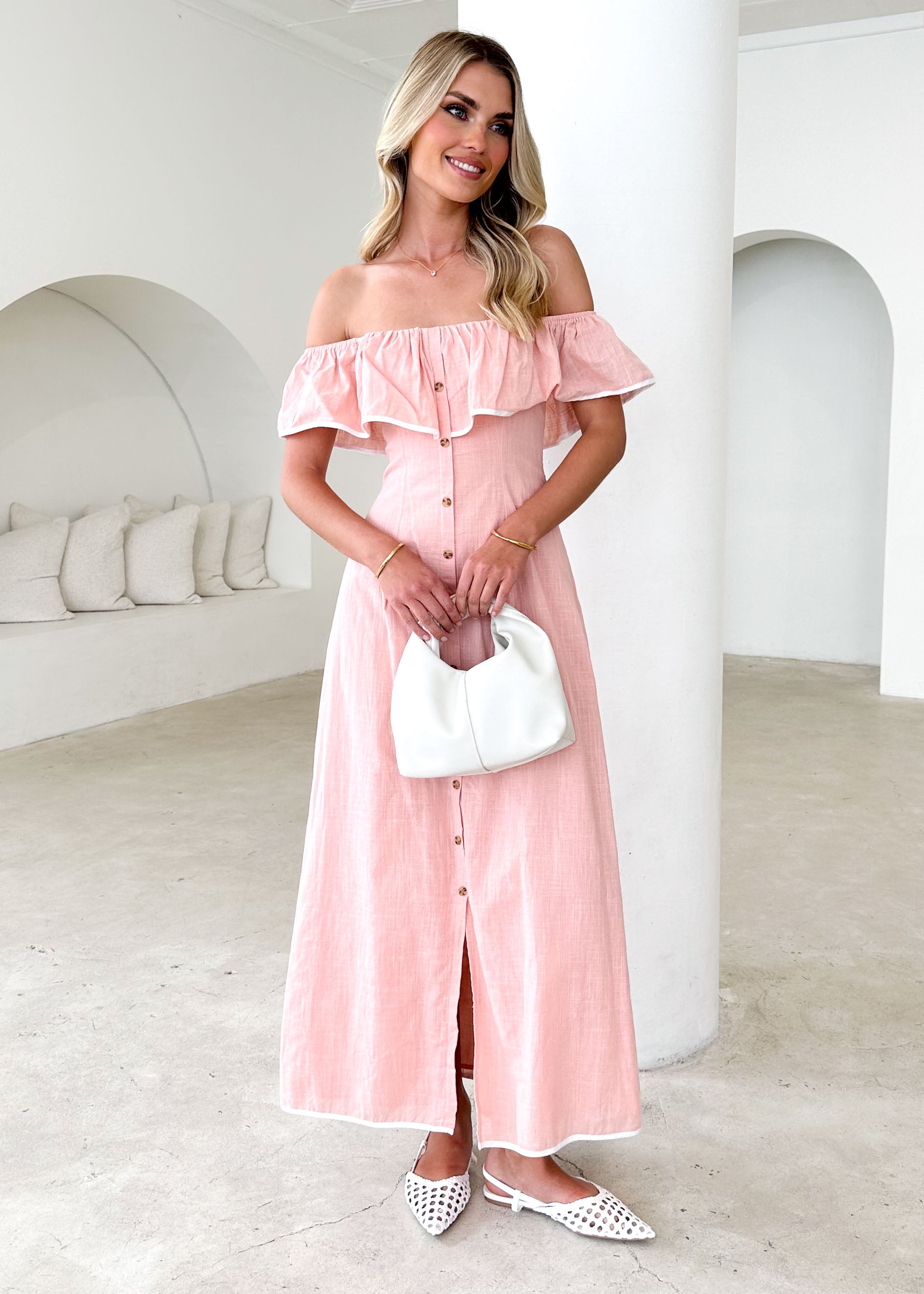 Genesis Off Shoulder Midi Dress - Blush