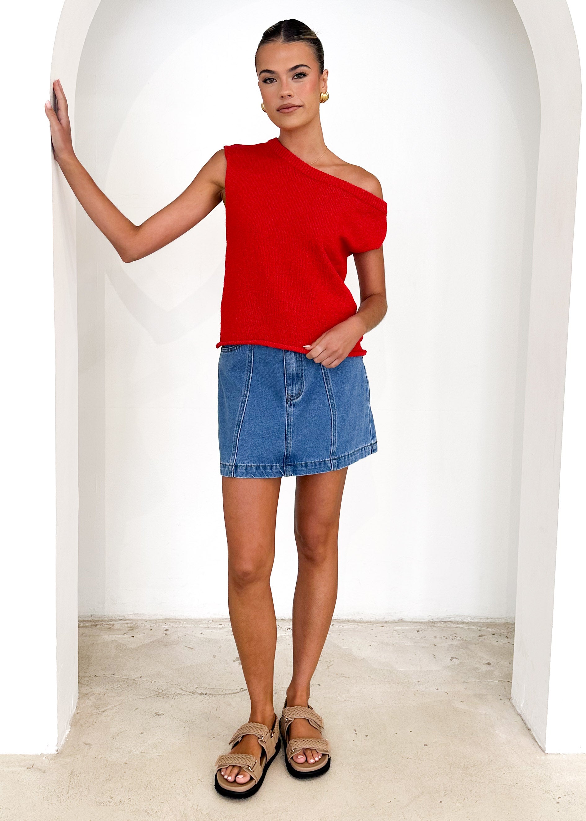 Taissa One Shoulder Knit Top - Red