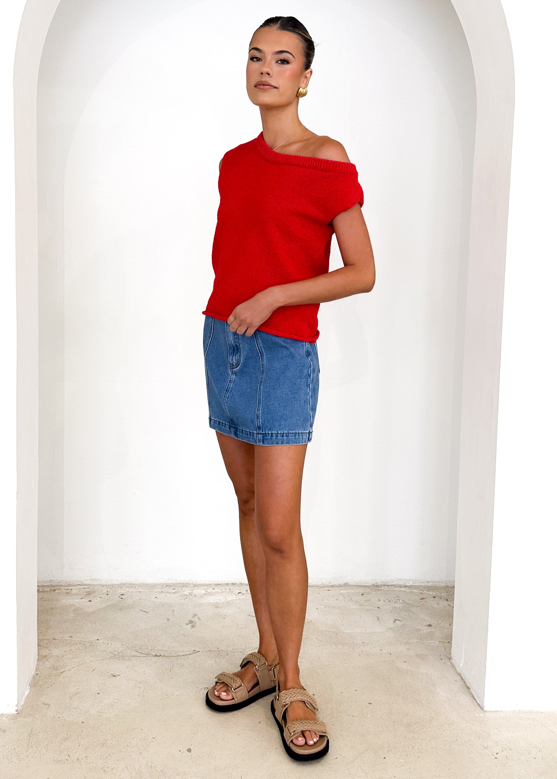 Taissa One Shoulder Knit Top - Red