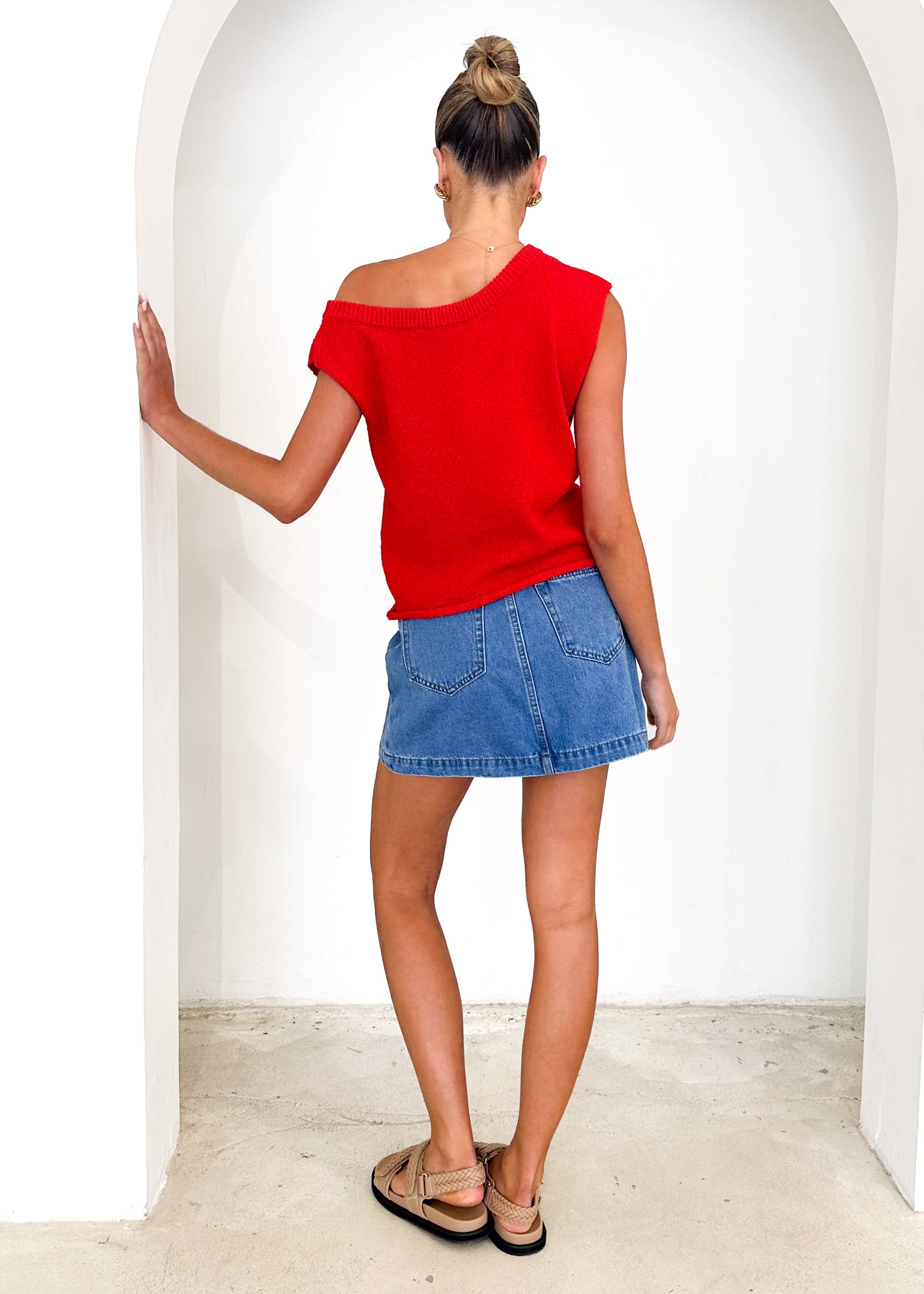 Taissa One Shoulder Knit Top - Red