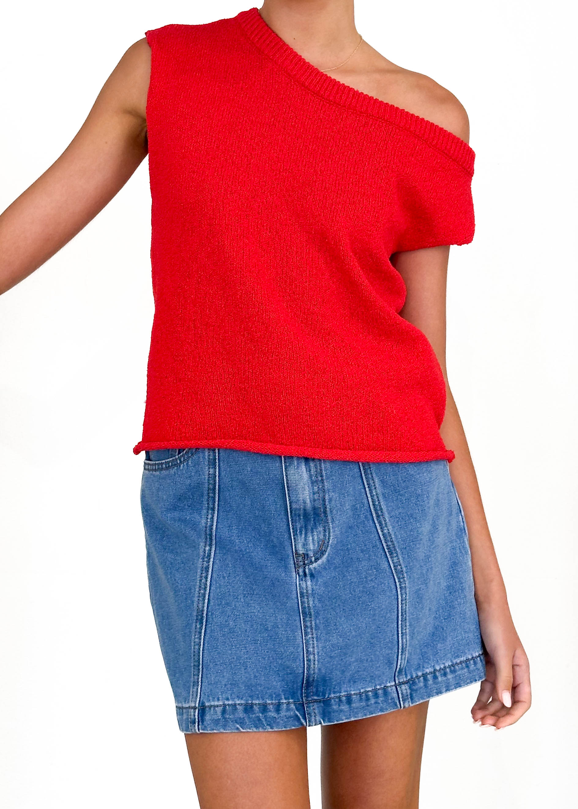 Taissa One Shoulder Knit Top - Red