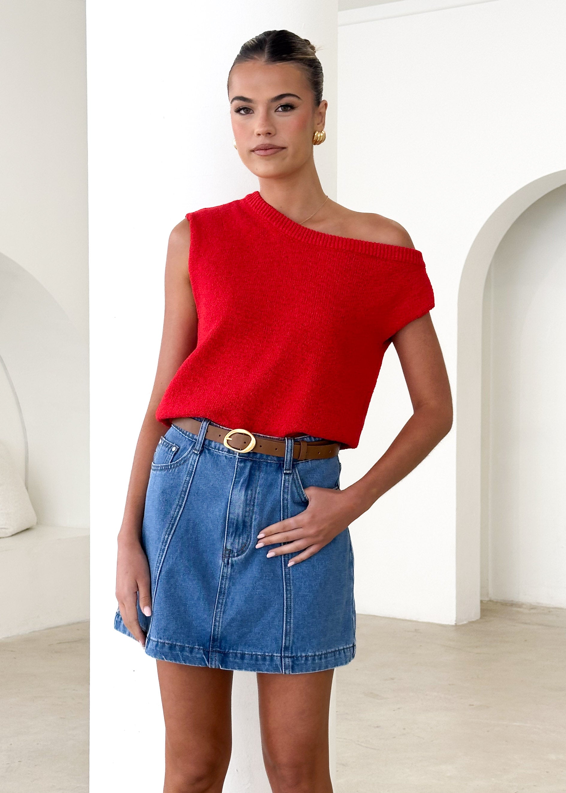 Taissa One Shoulder Knit Top - Red