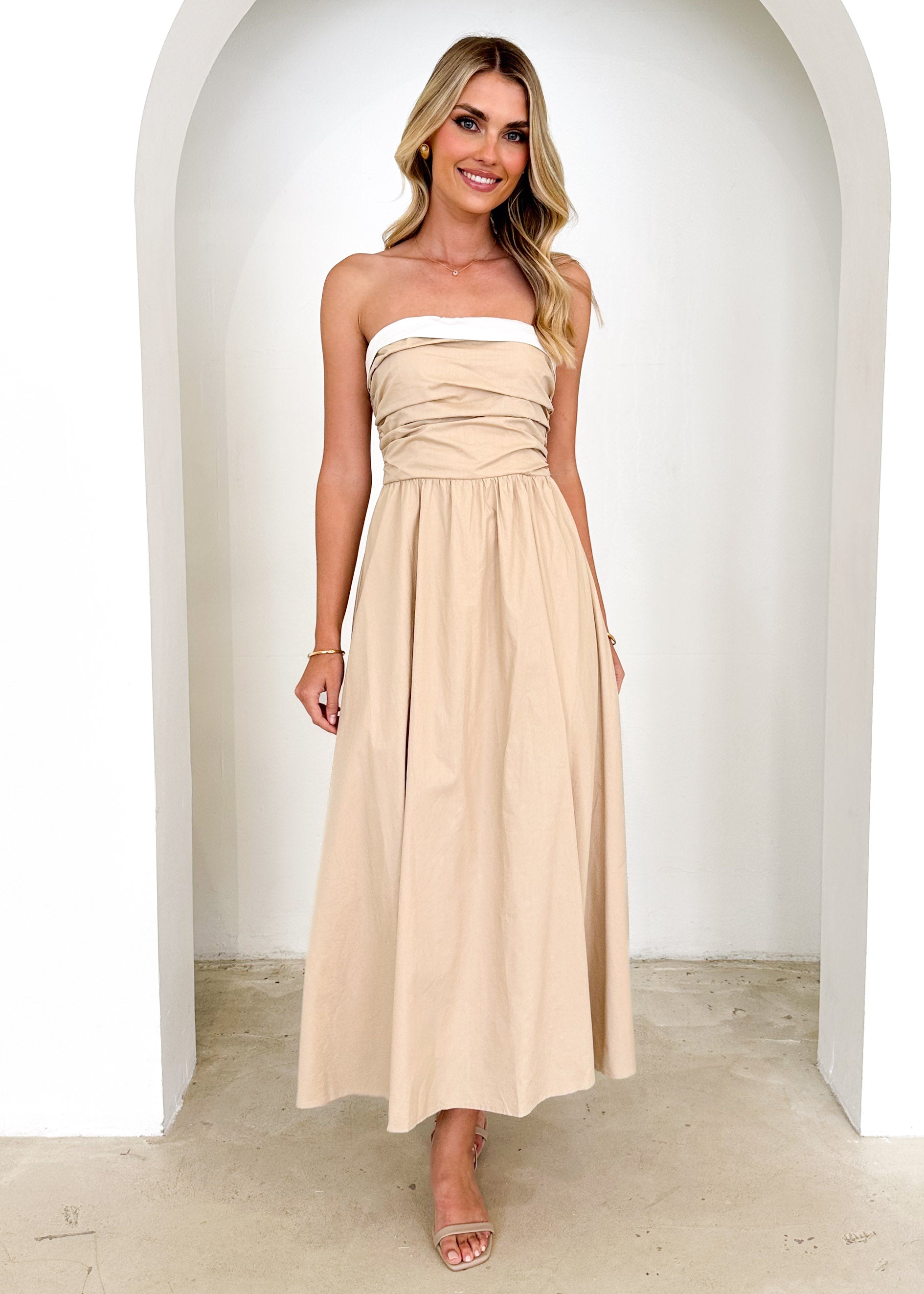 Sahara Strapless Midi Dress - Beige