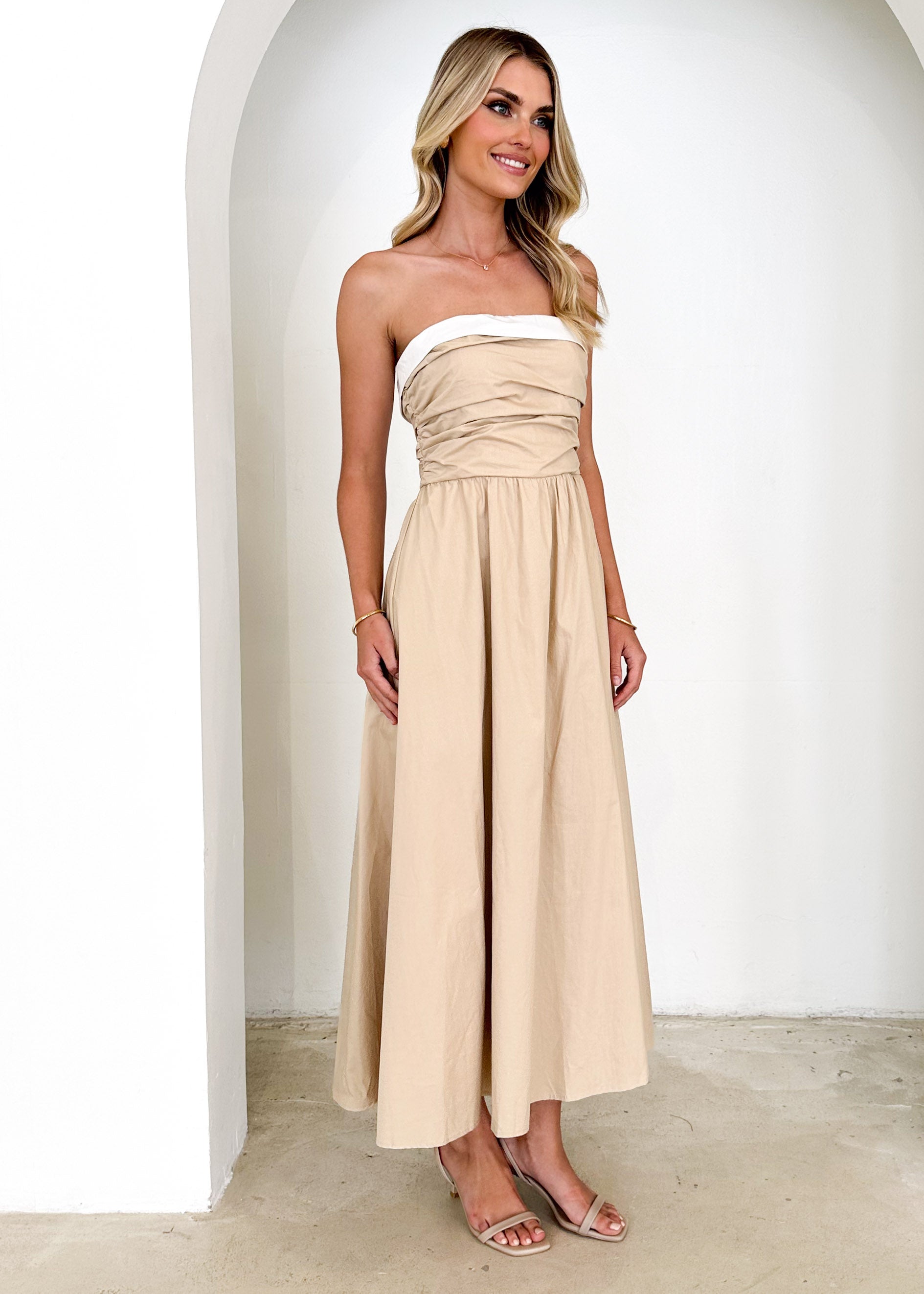 Sahara Strapless Midi Dress - Beige