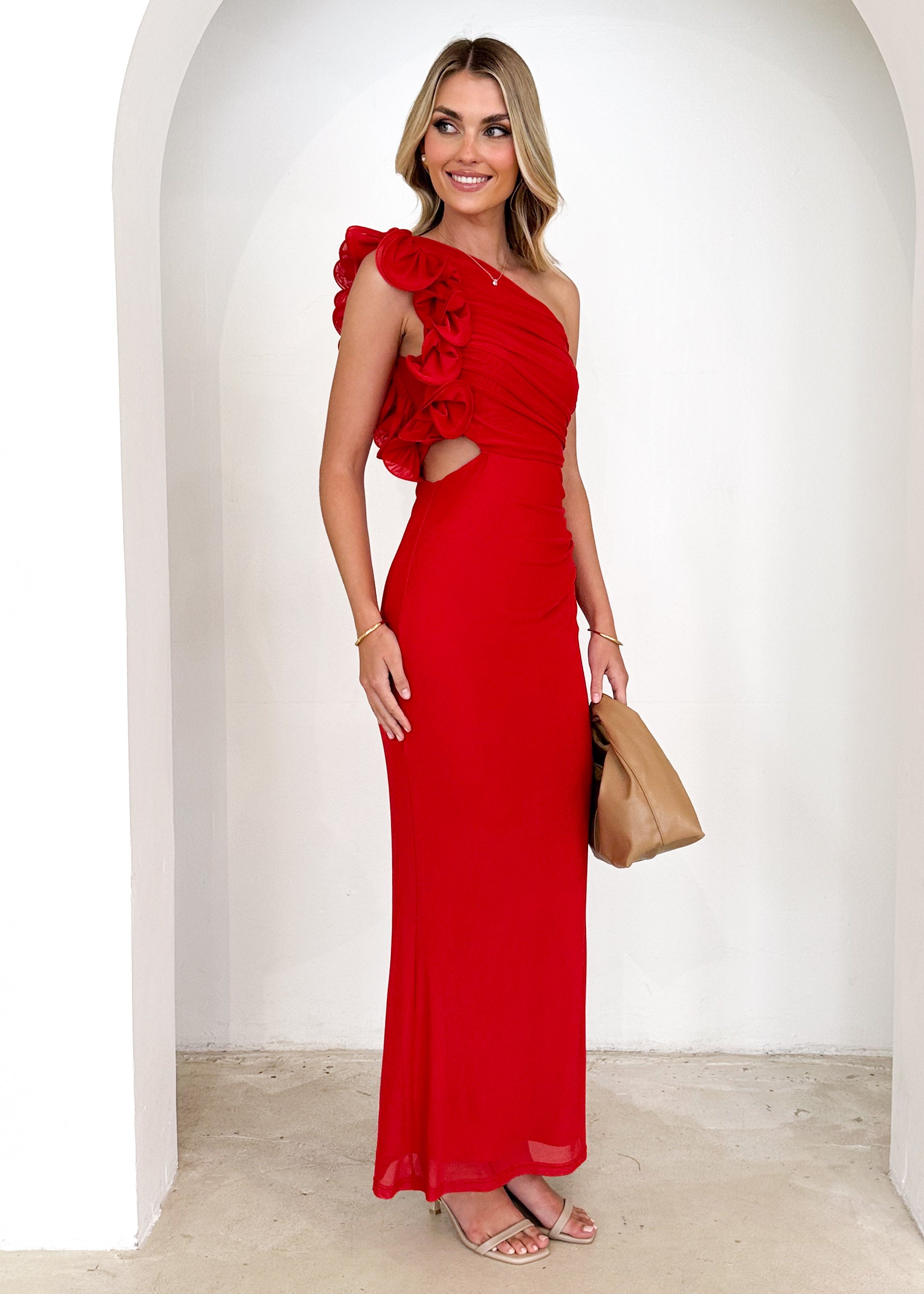 Oakes One Shoulder Mesh Maxi Dress - Red