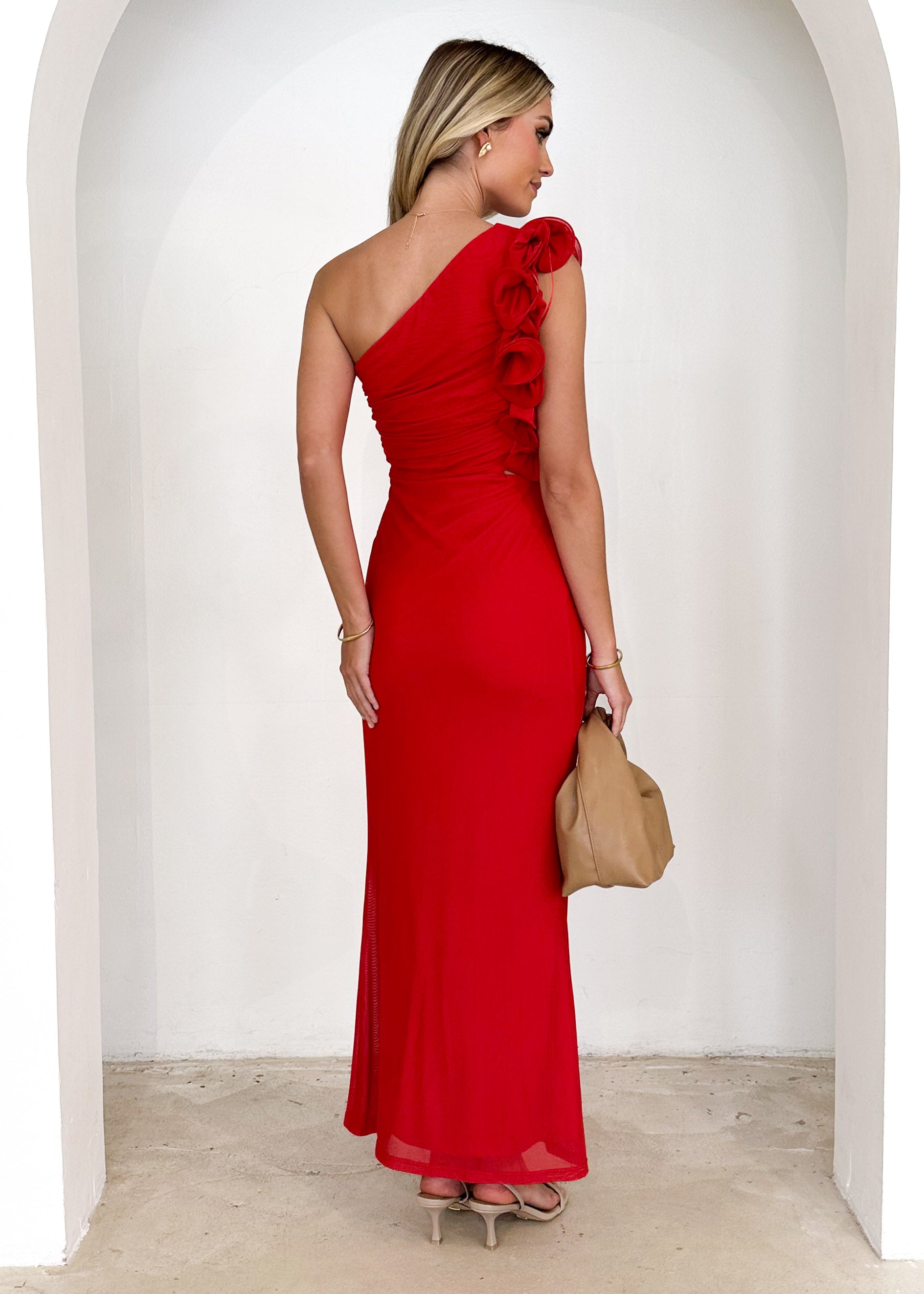 Oakes One Shoulder Mesh Maxi Dress - Red