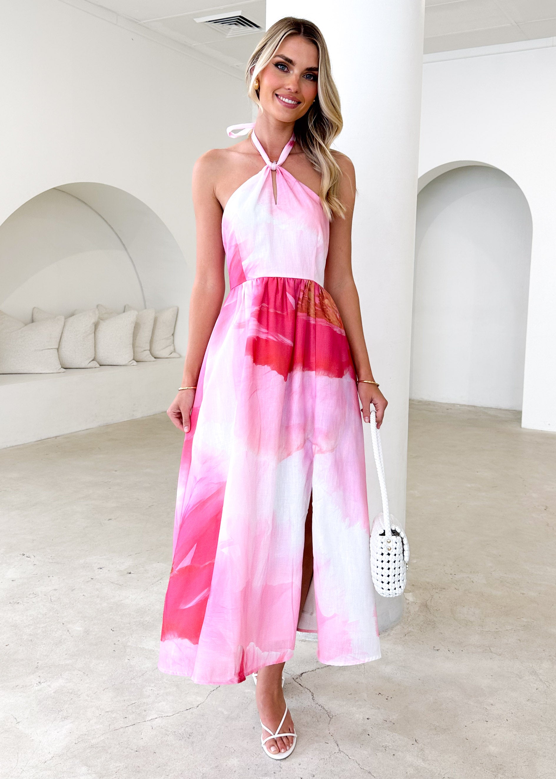 Kendall Halter Midi Dress - Pink Floral