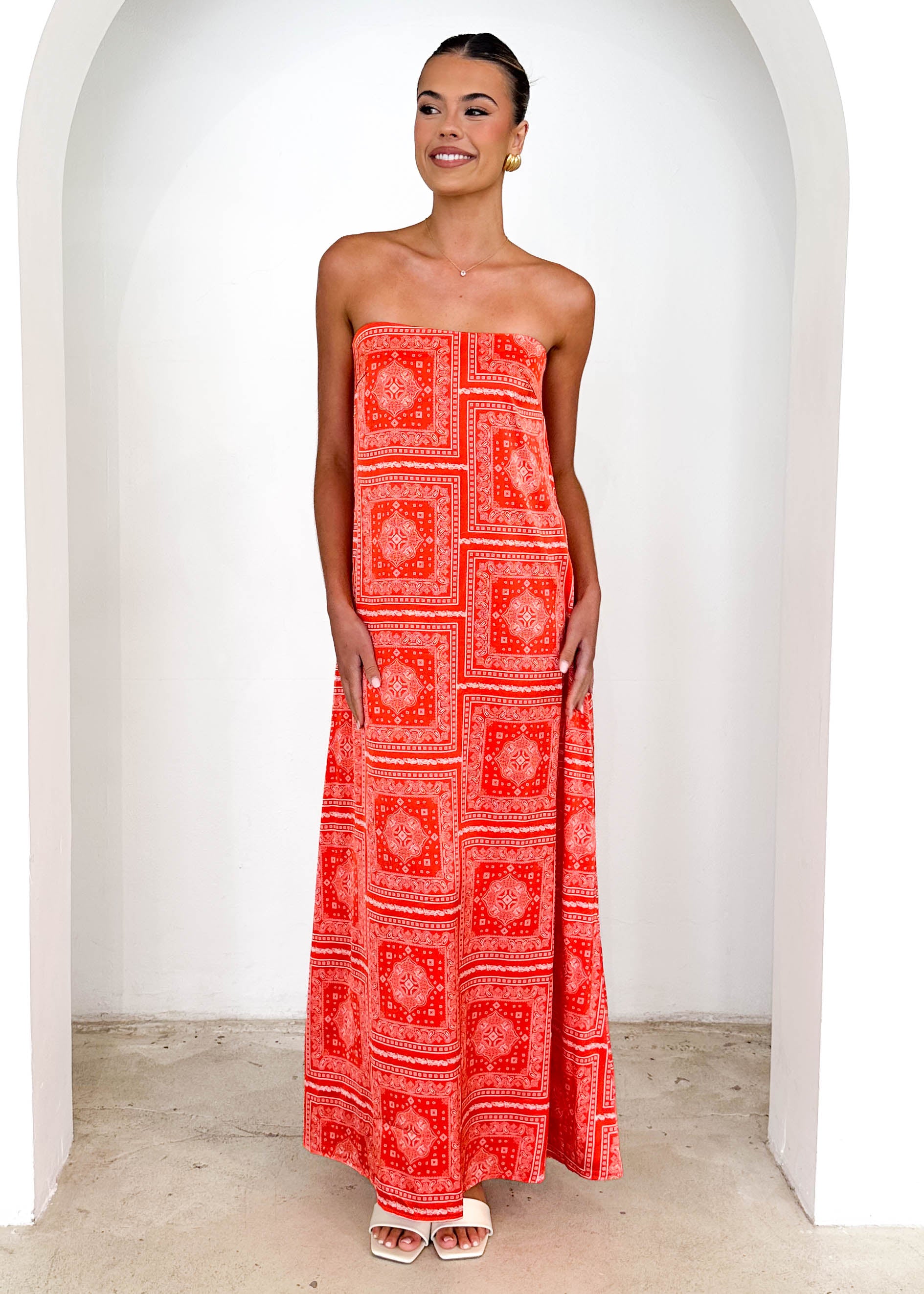 Elsbury Strapless Maxi Dress - Tangerine Patchwork