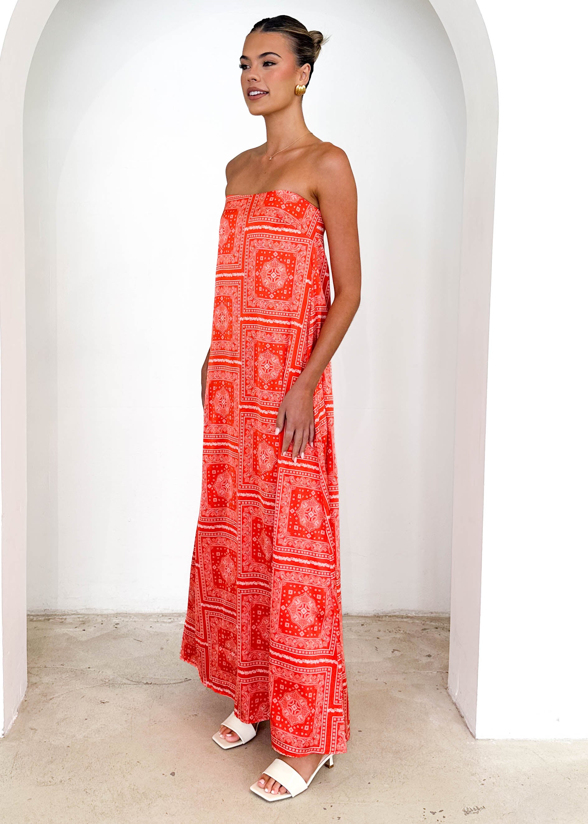 Elsbury Strapless Maxi Dress - Tangerine Patchwork