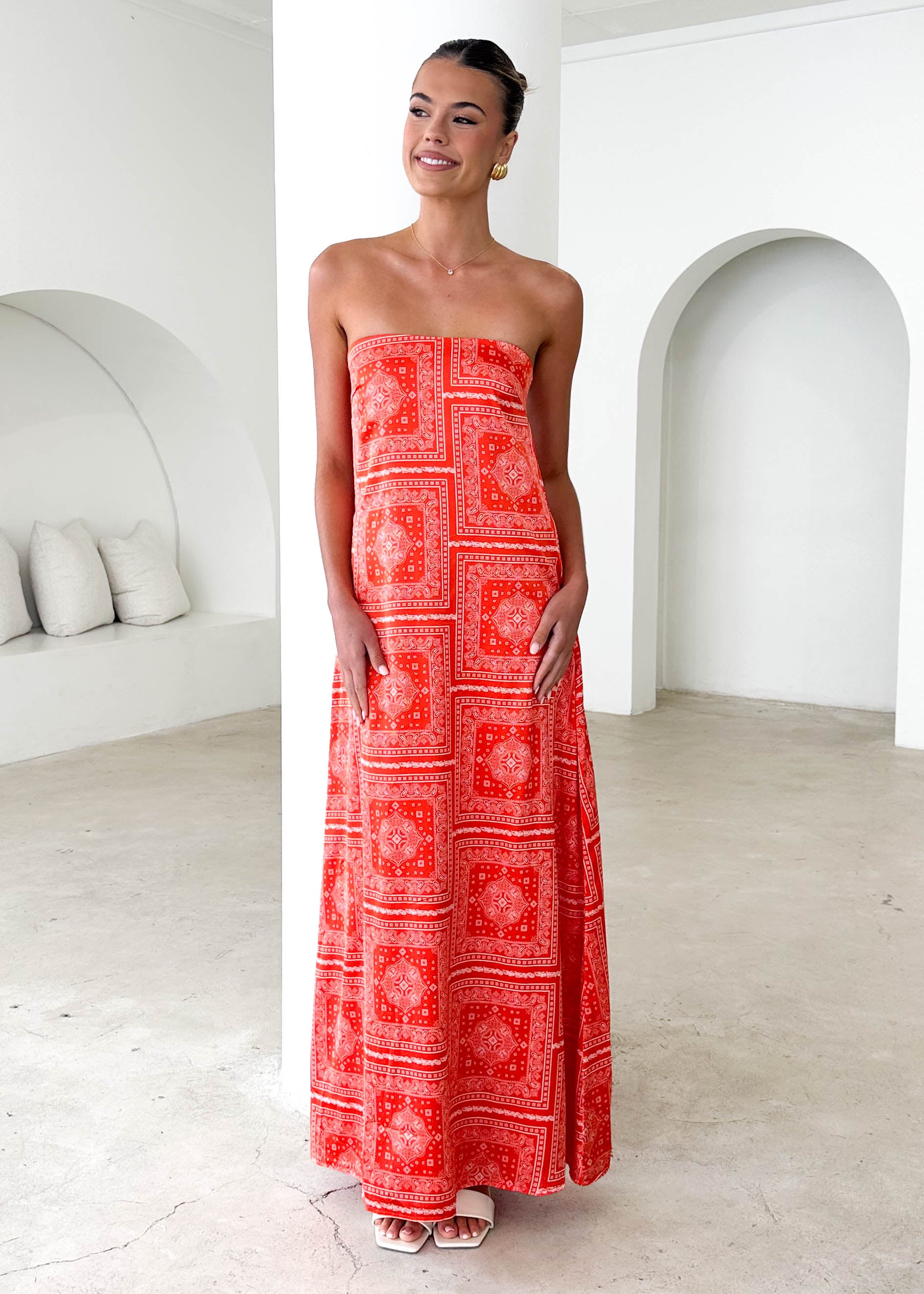 Elsbury Strapless Maxi Dress - Tangerine Patchwork