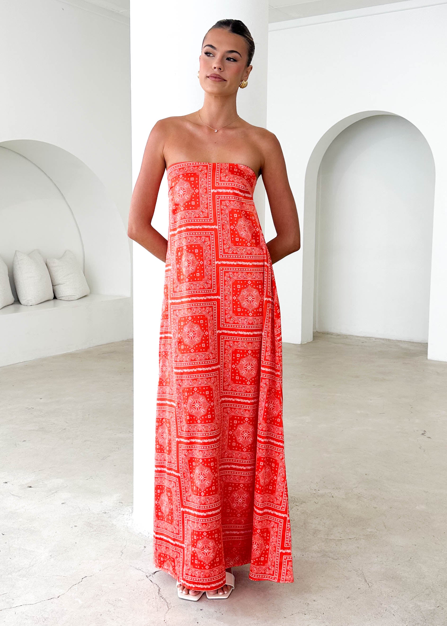 Elsbury Strapless Maxi Dress - Tangerine Patchwork