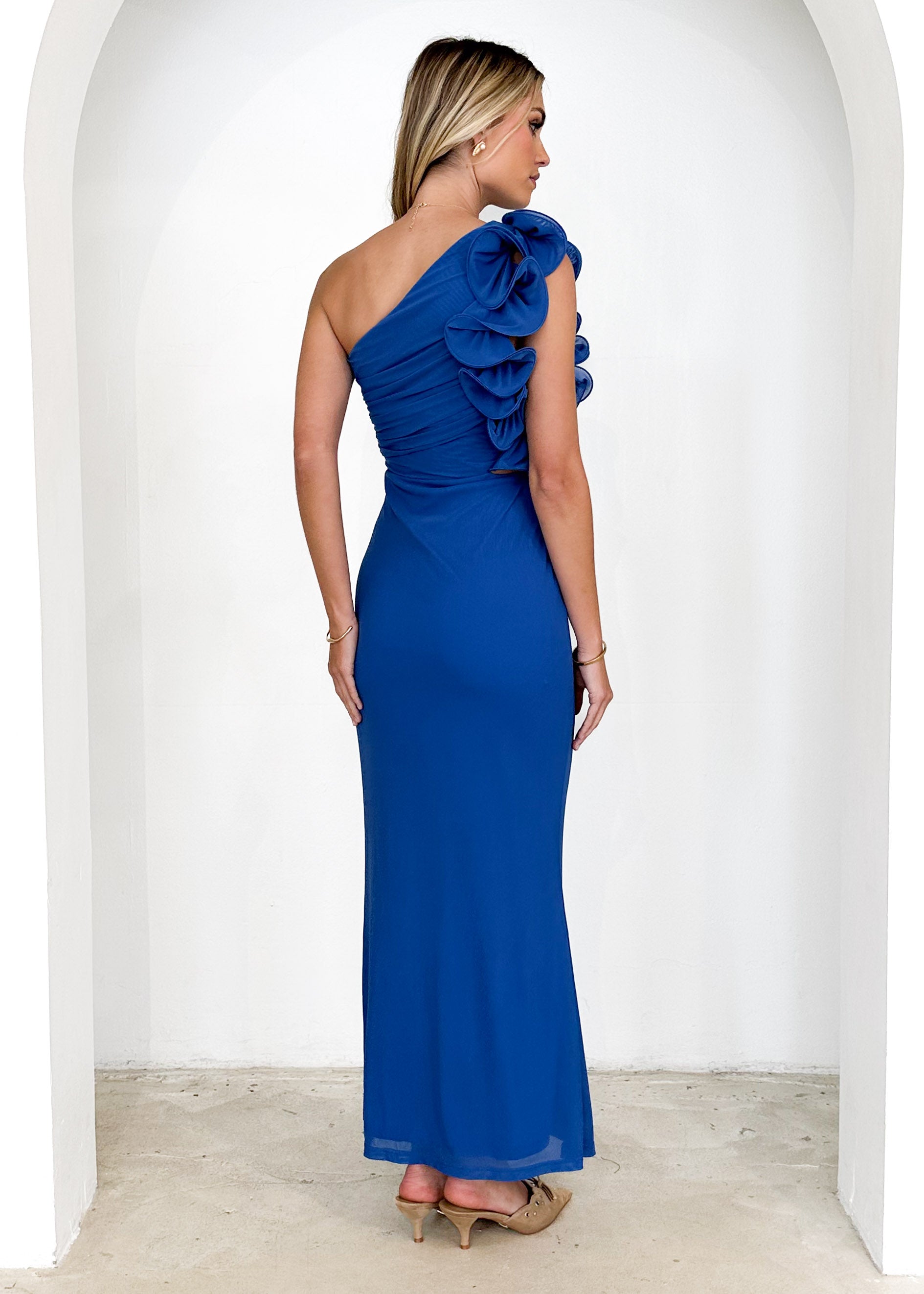 Oakes One Shoulder Mesh Maxi Dress - Blue