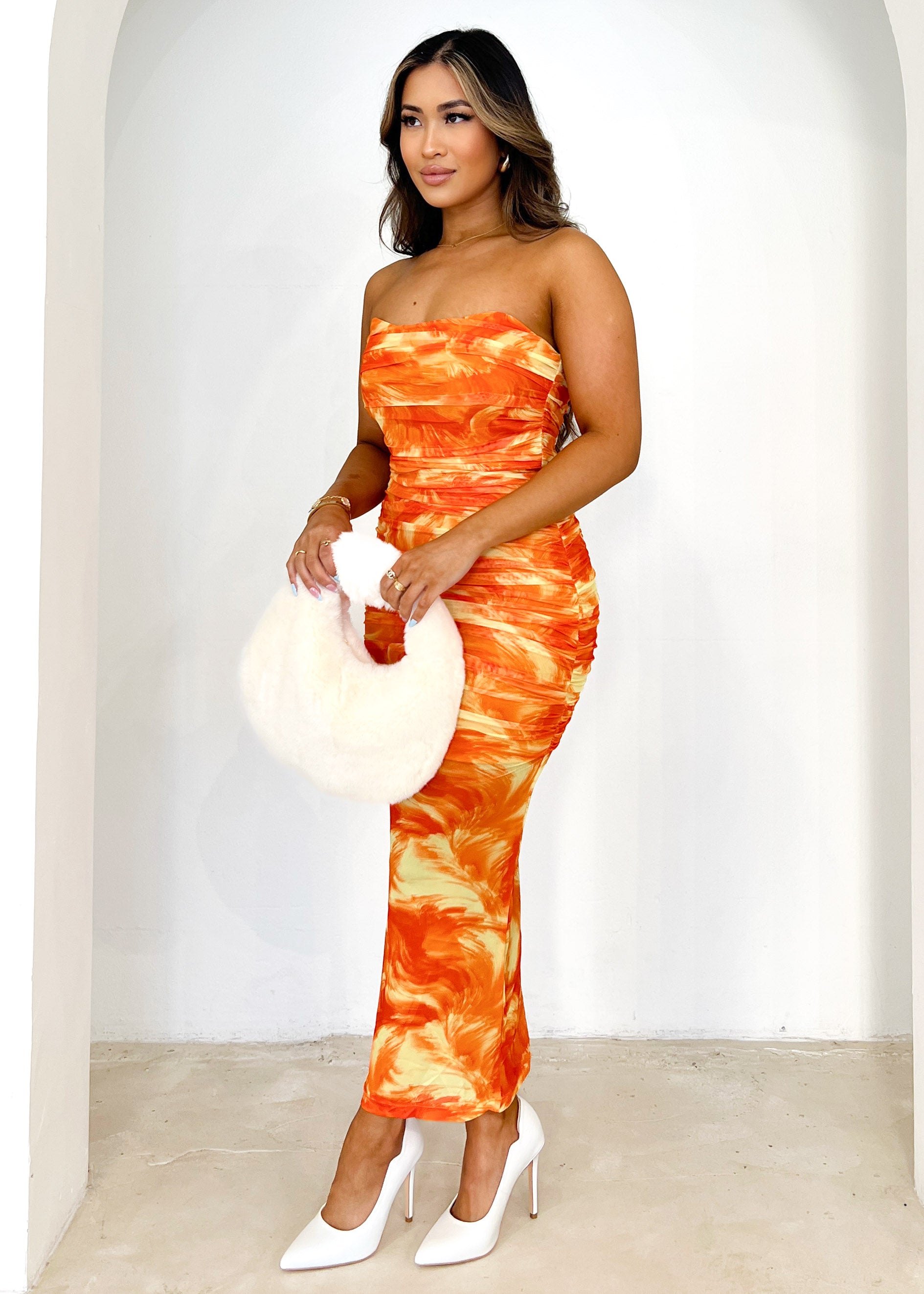 Arla Strapless Midi Dress - Tangerine Splash