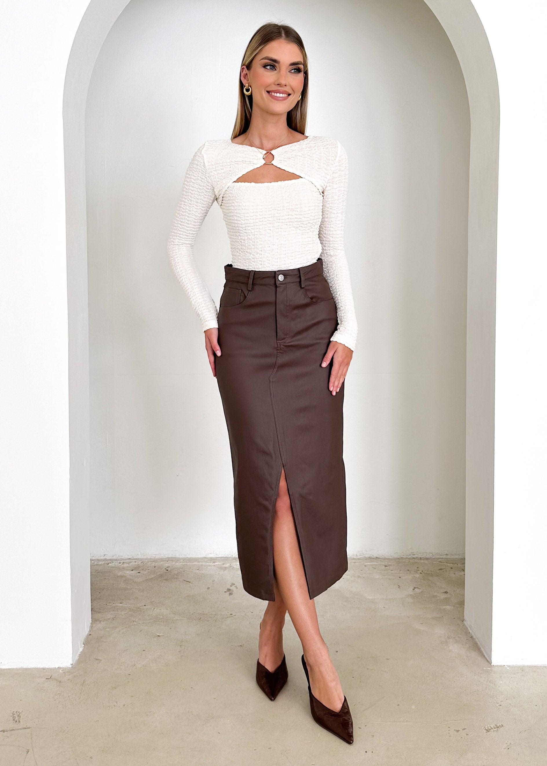 Ziya Coated Midi Skirt - Chocolate