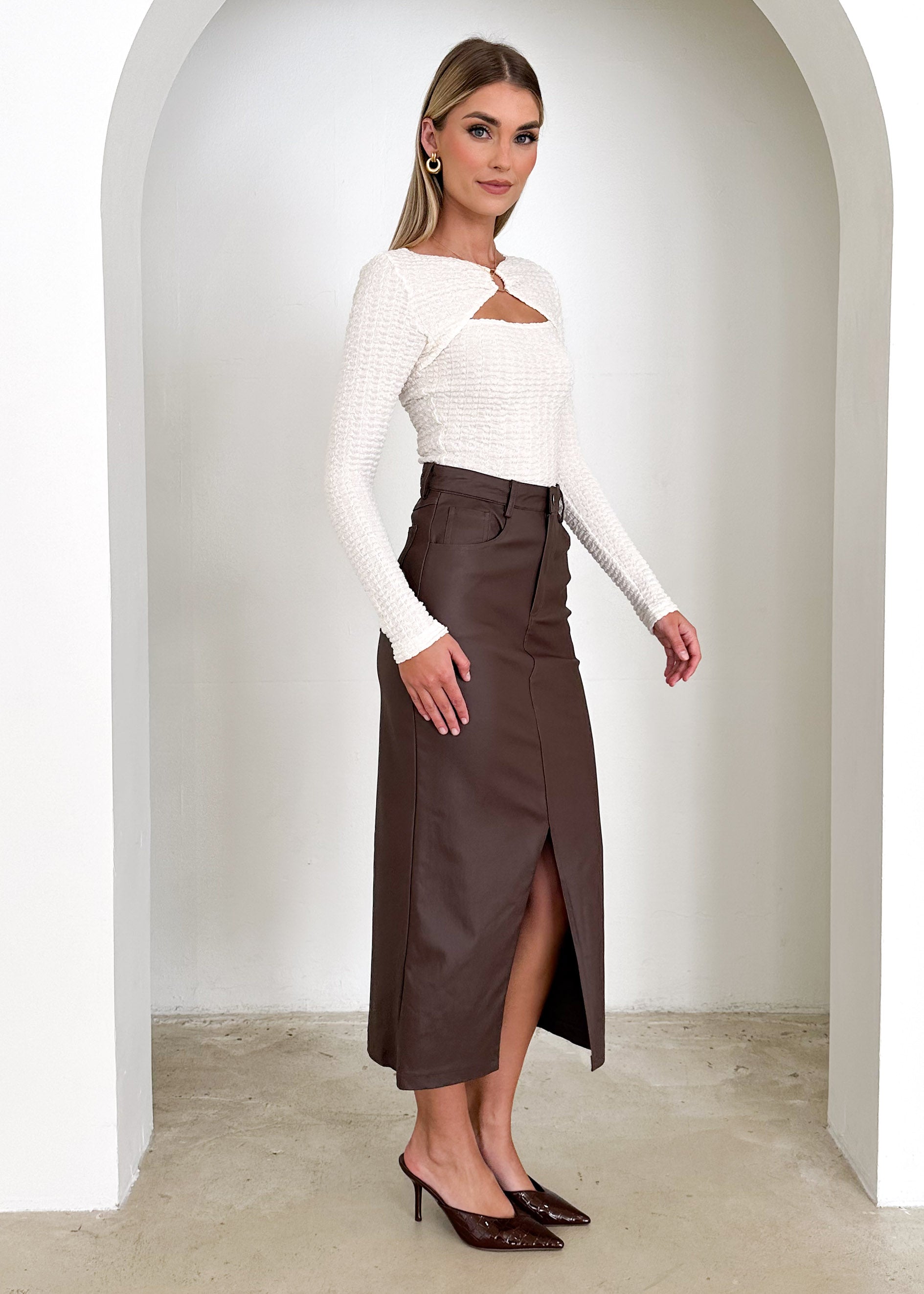 Ziya Coated Midi Skirt - Chocolate