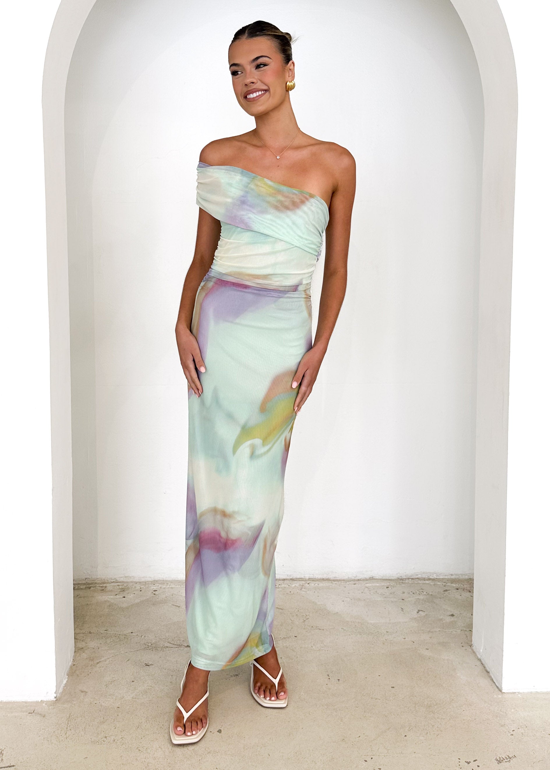 Neridah Mesh Maxi Dress - Mint Abstract