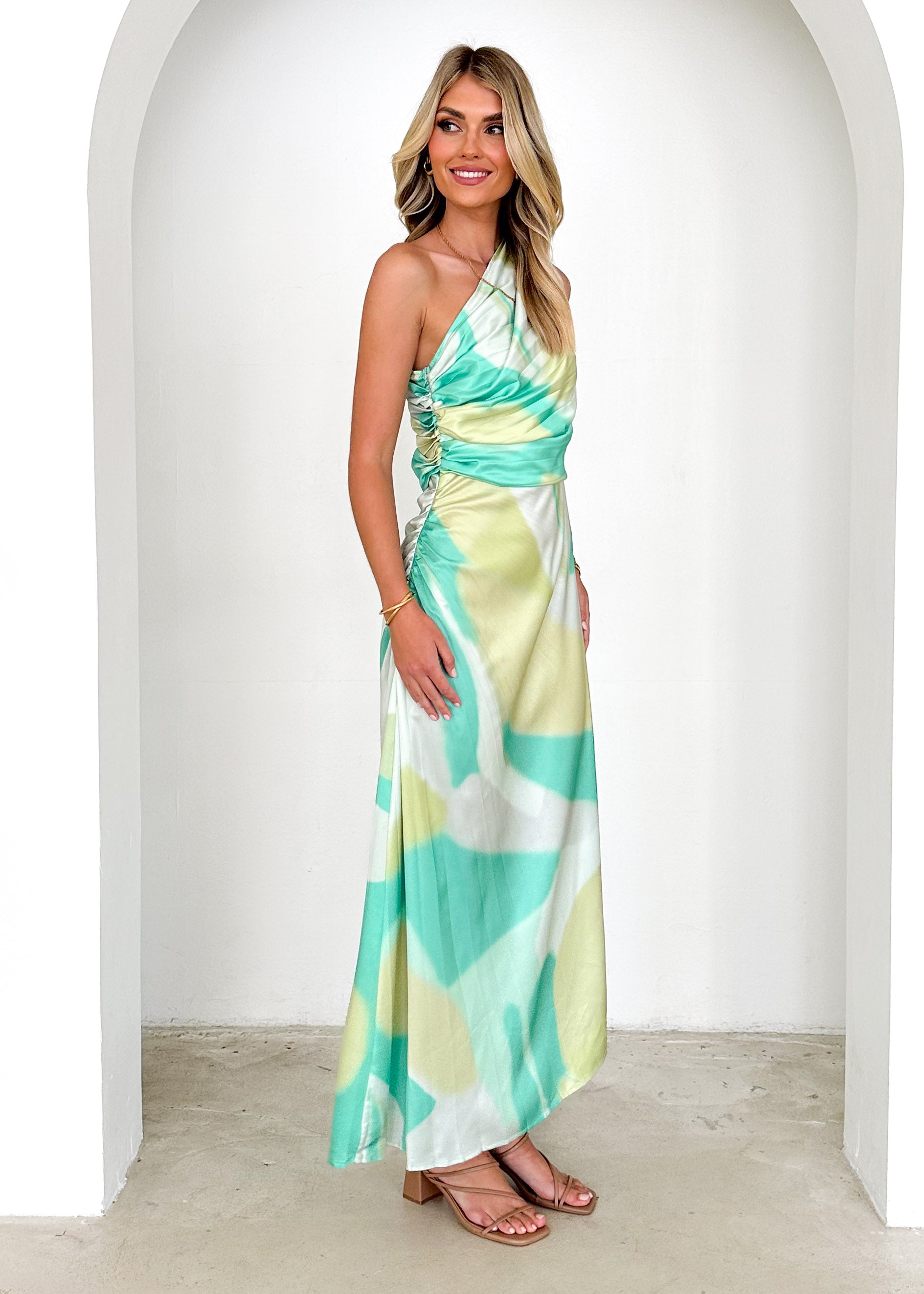 Telle One Shoulder Midi Dress - Lime Splash