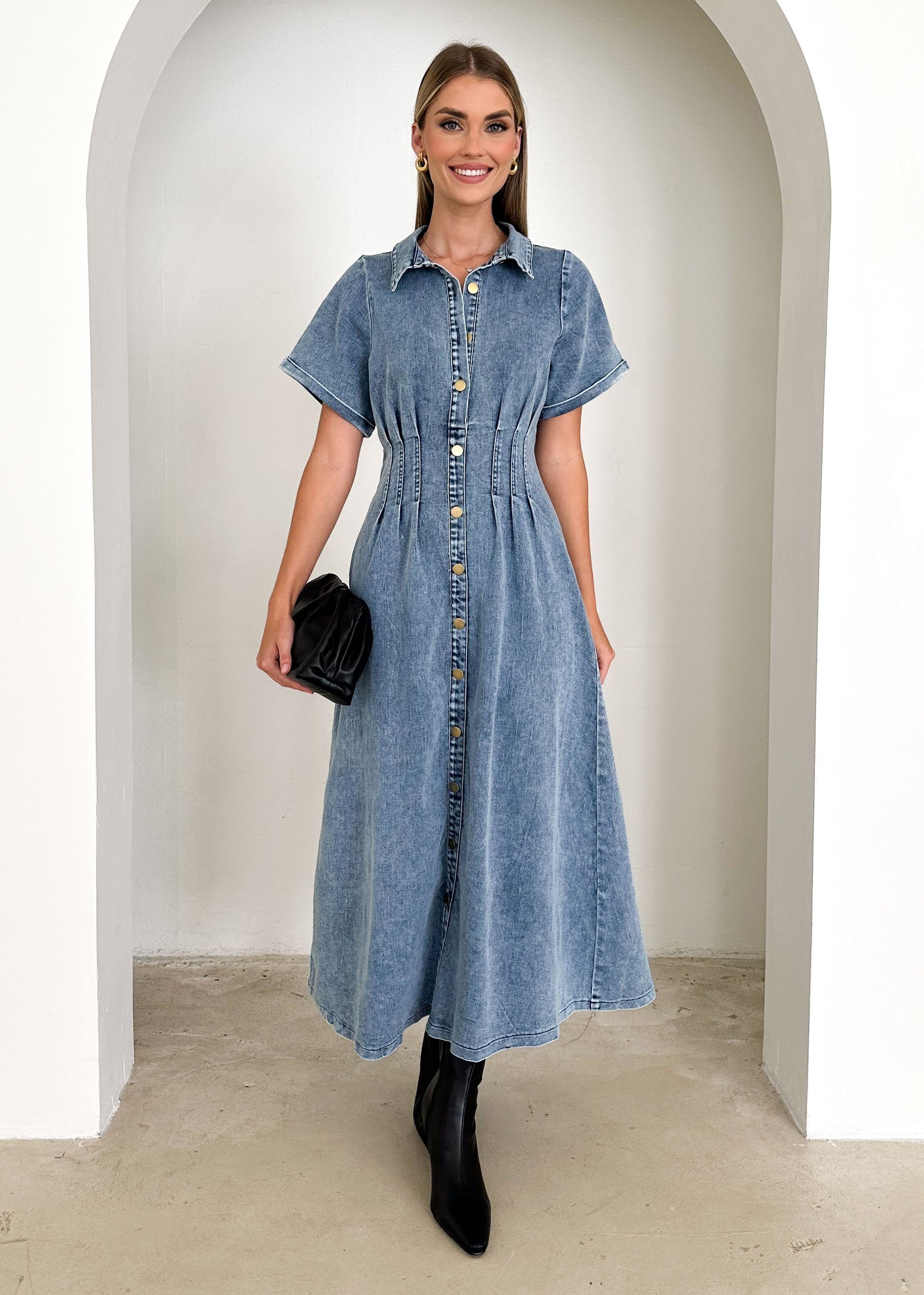 Annika Denim Midi Dress - Washed Blue