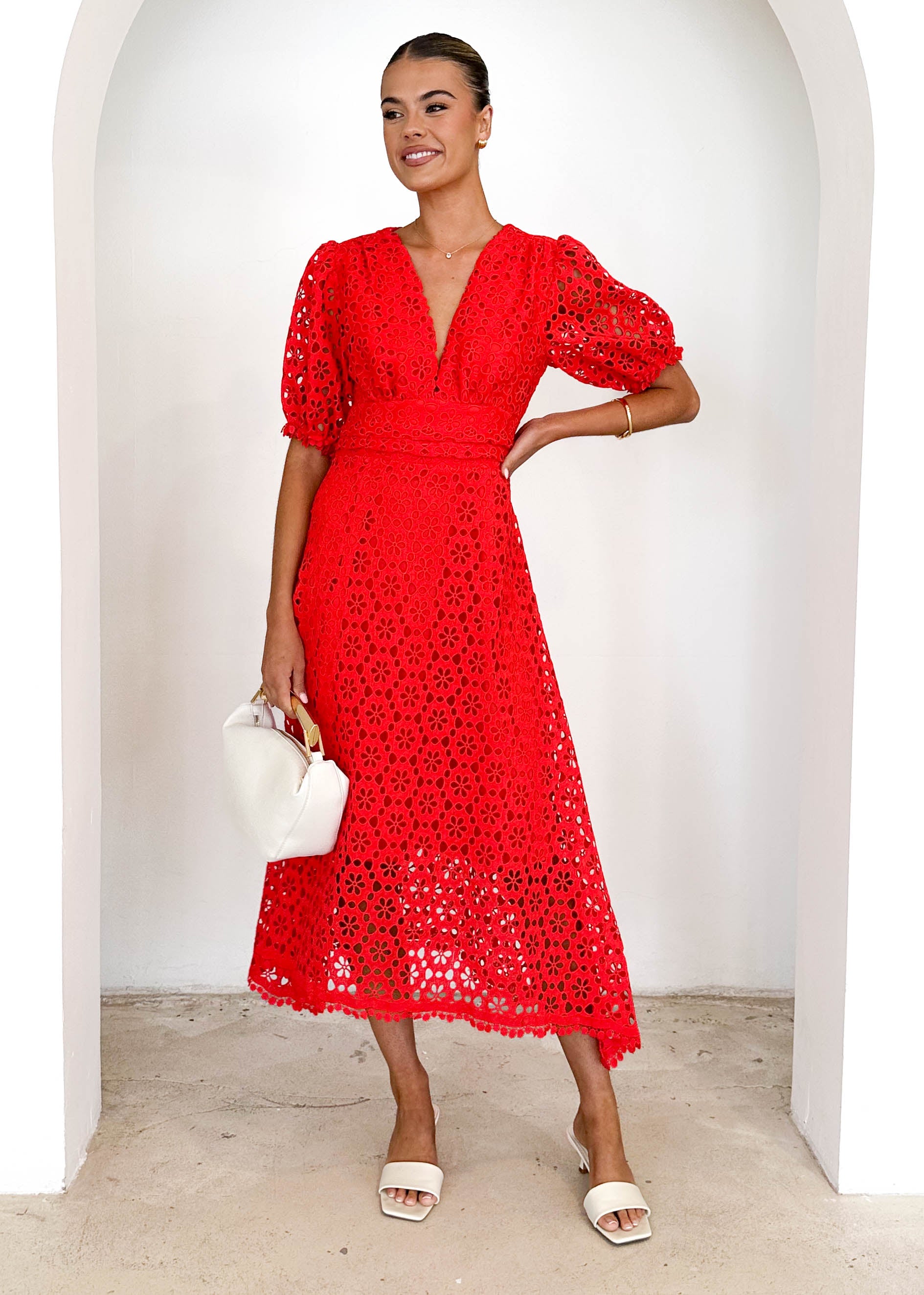 Jahra Lace Midi Dress - Red