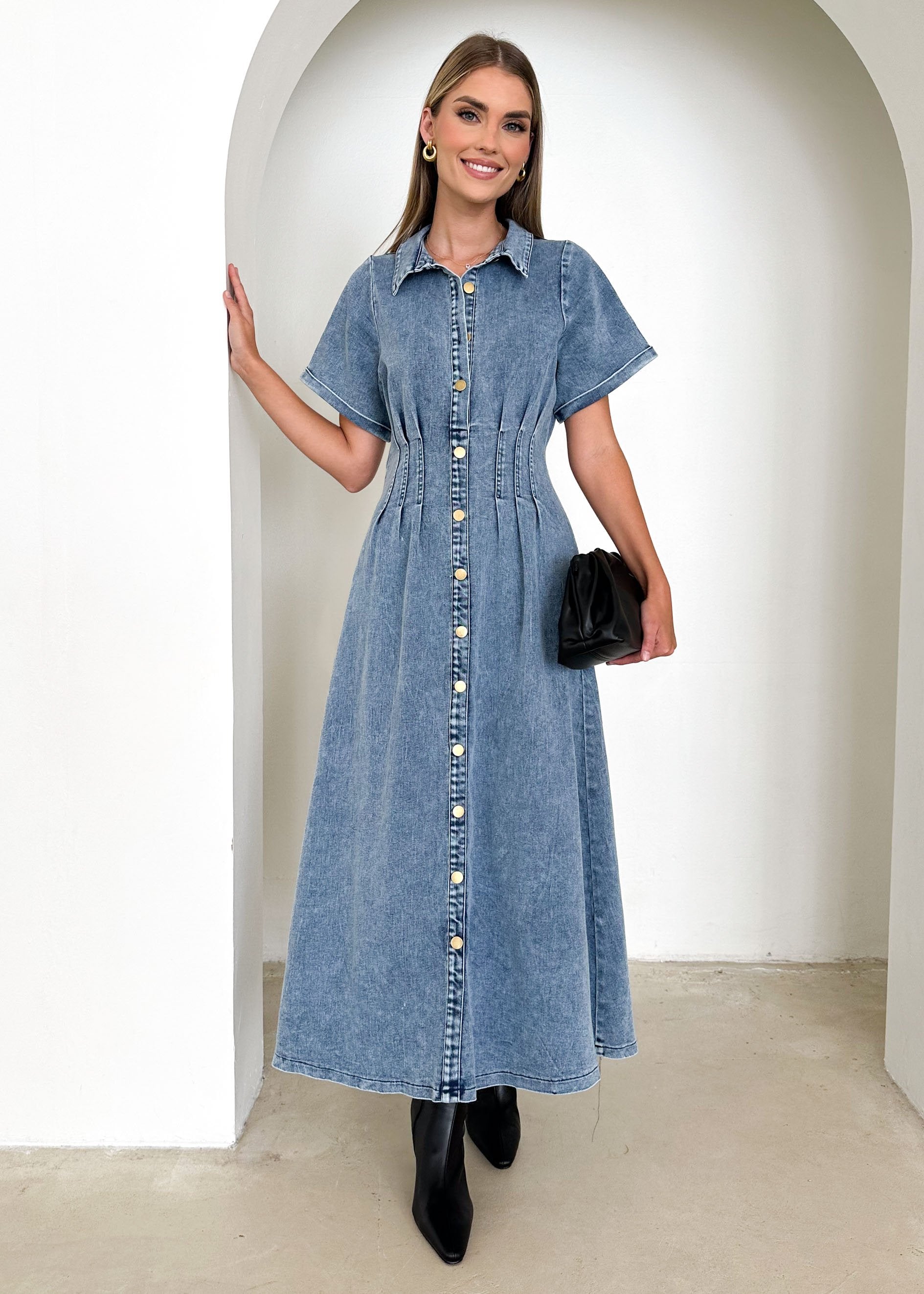 Annika Denim Midi Dress - Washed Blue