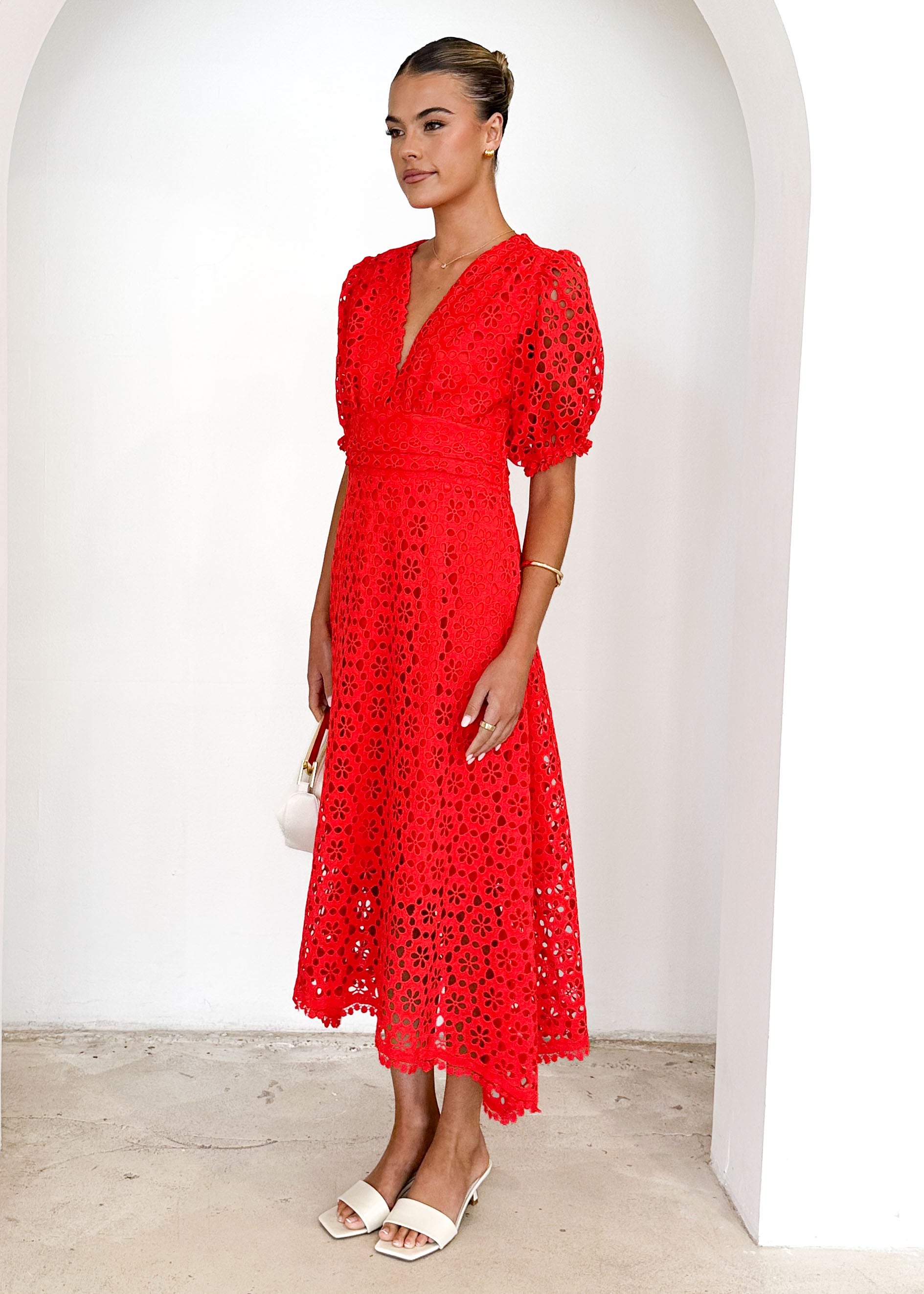 Jahra Lace Midi Dress - Red