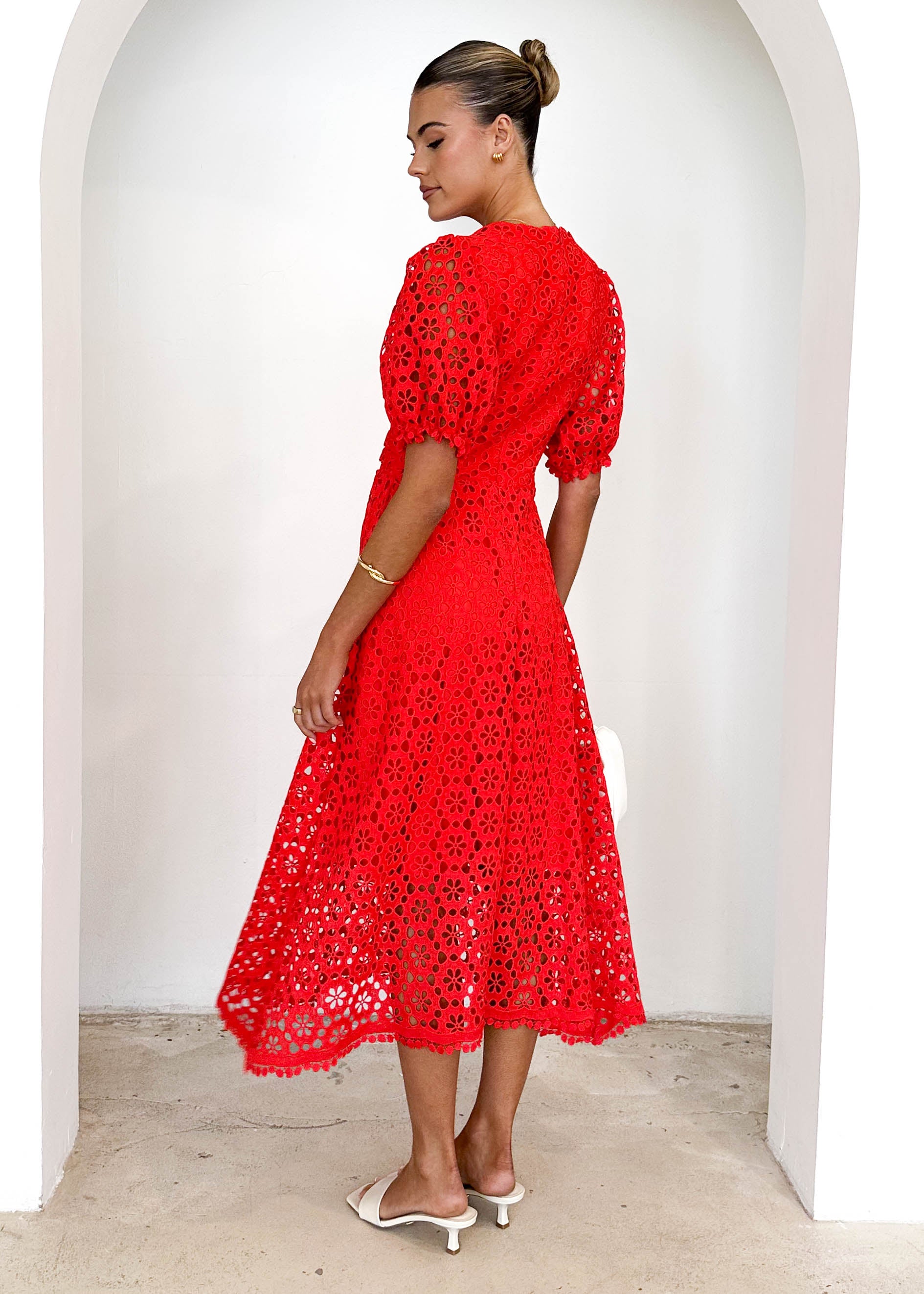 Jahra Lace Midi Dress - Red