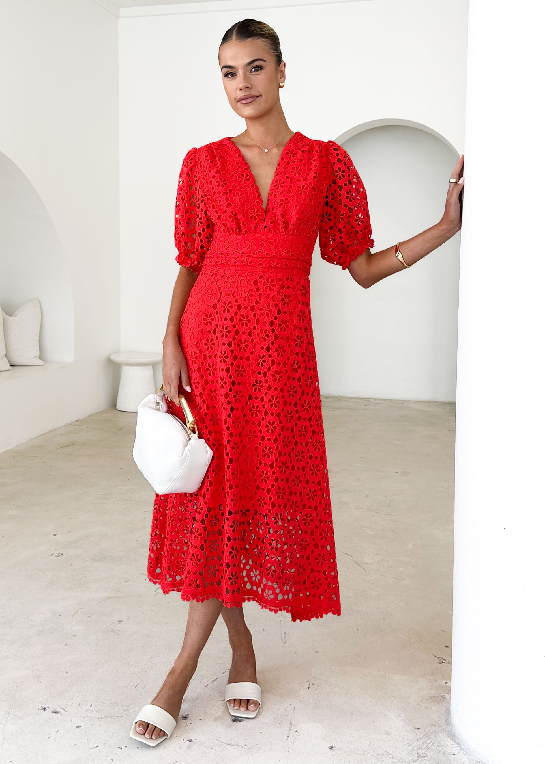 Jahra Lace Midi Dress - Red