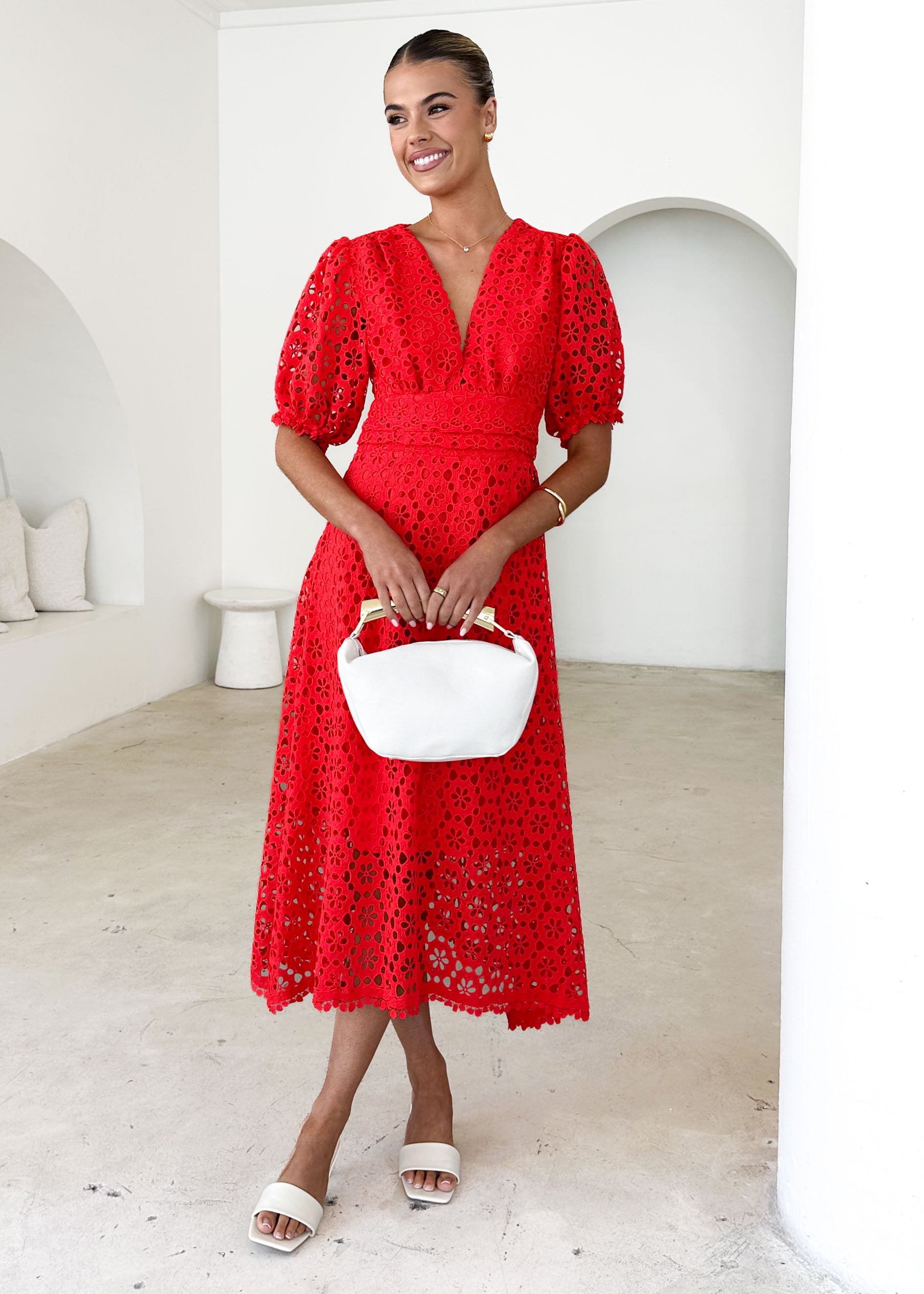 Jahra Lace Midi Dress - Red