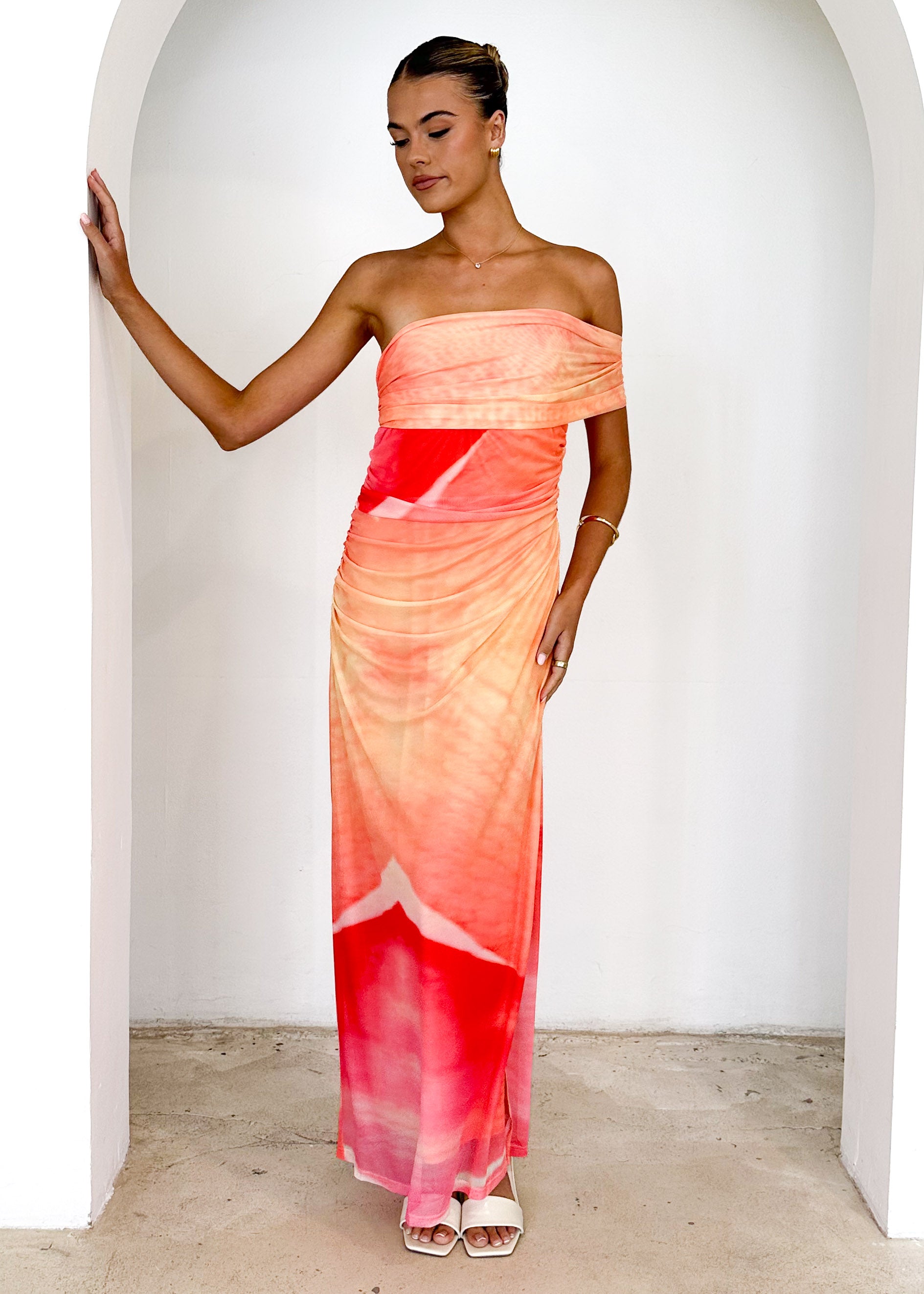 Leia One Shoulder Mesh Maxi Dress - Sunset Ombre