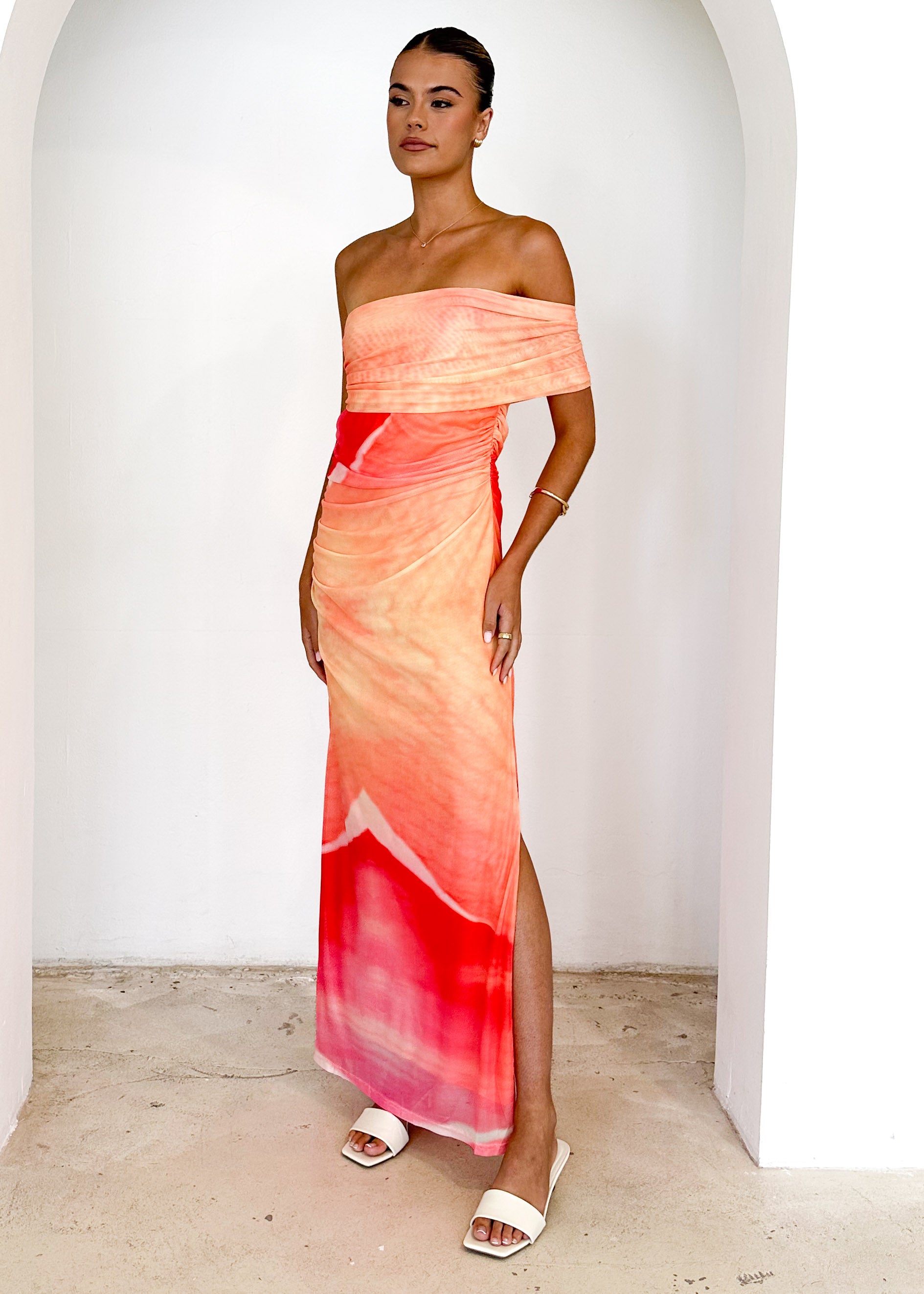 Leia One Shoulder Mesh Maxi Dress - Sunset Ombre