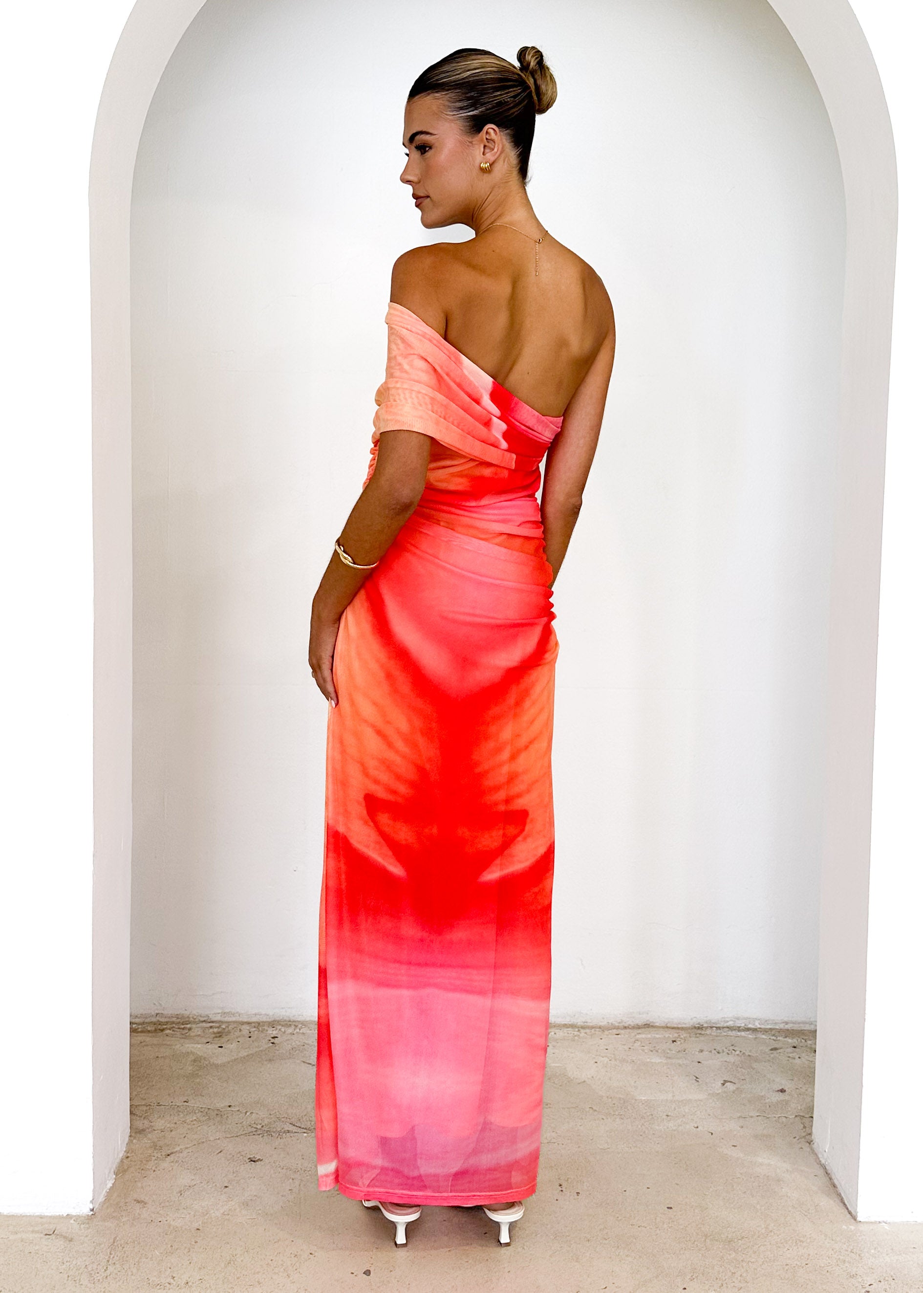 Leia One Shoulder Mesh Maxi Dress - Sunset Ombre