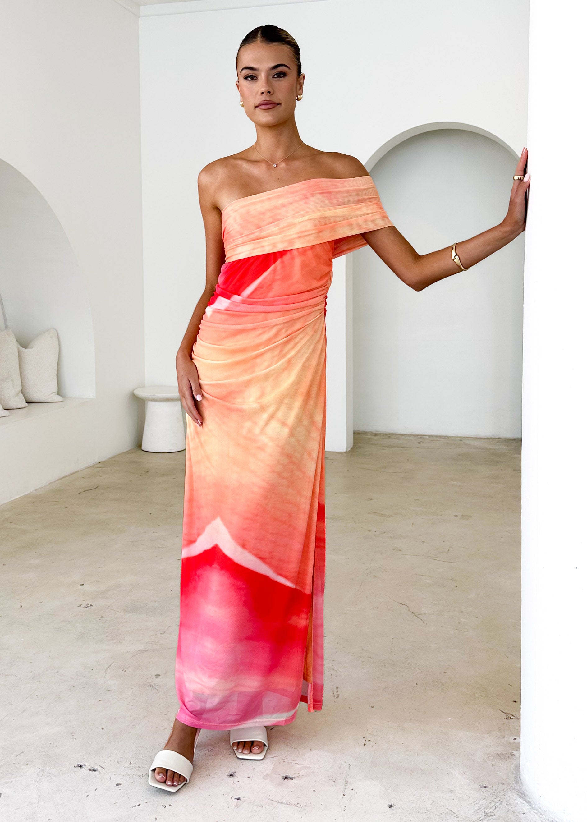 Leia One Shoulder Mesh Maxi Dress - Sunset Ombre