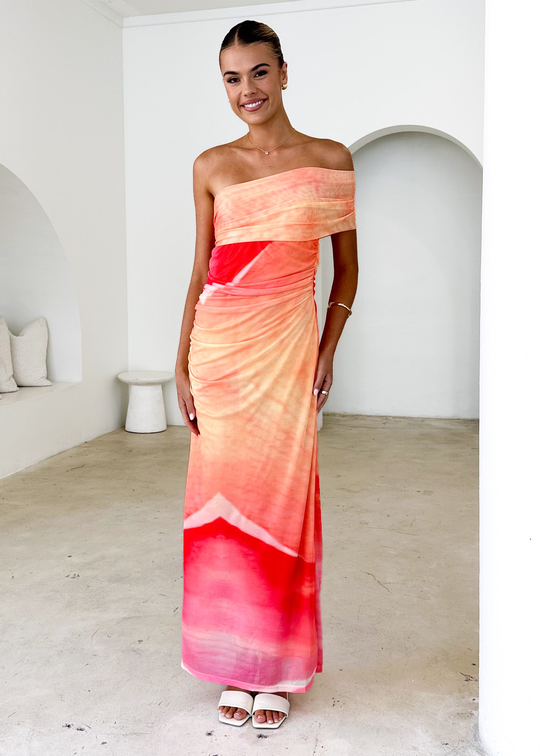 Leia One Shoulder Mesh Maxi Dress - Sunset Ombre