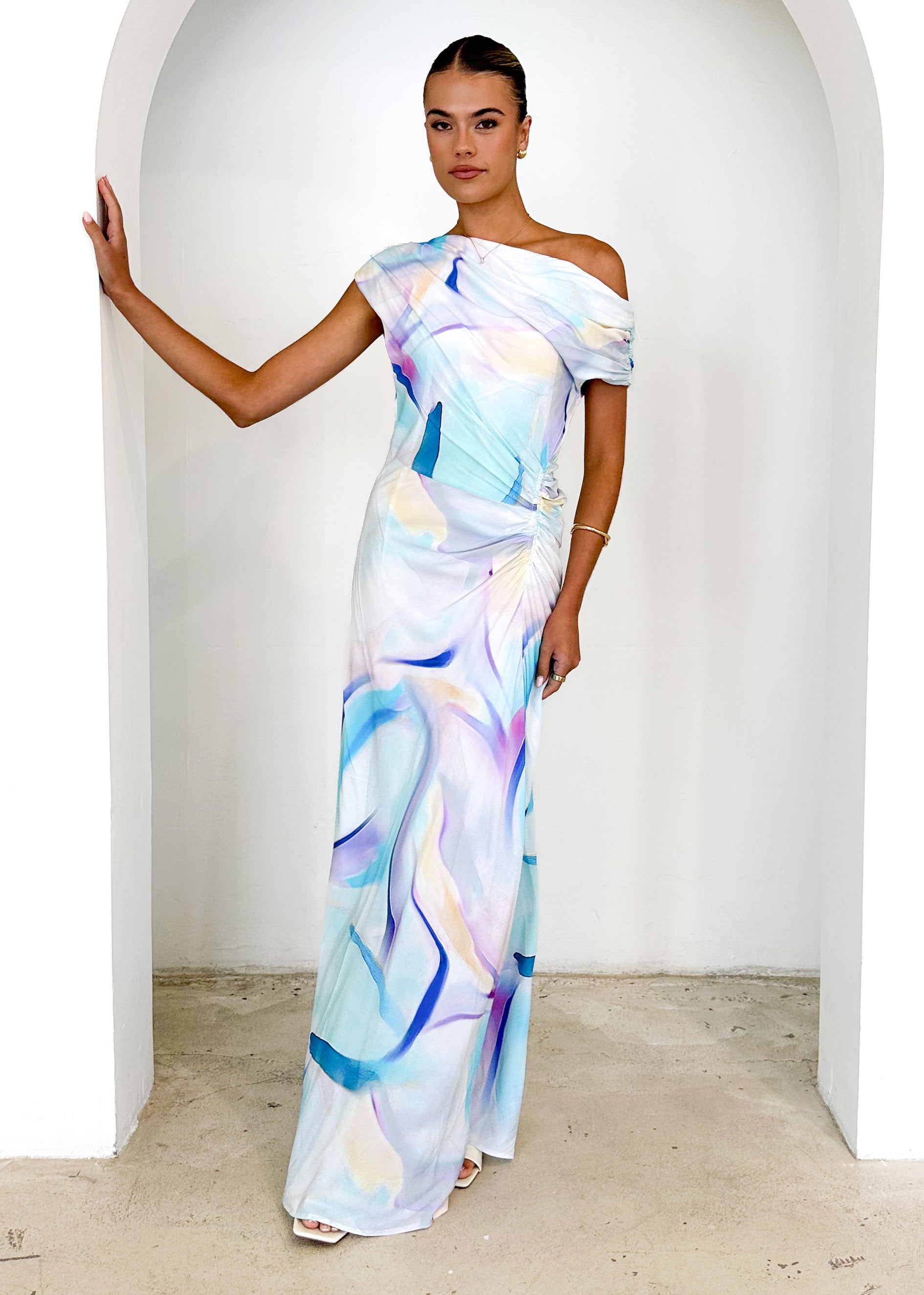 Flirtini One Shoulder Maxi Dress - Blue Swirl