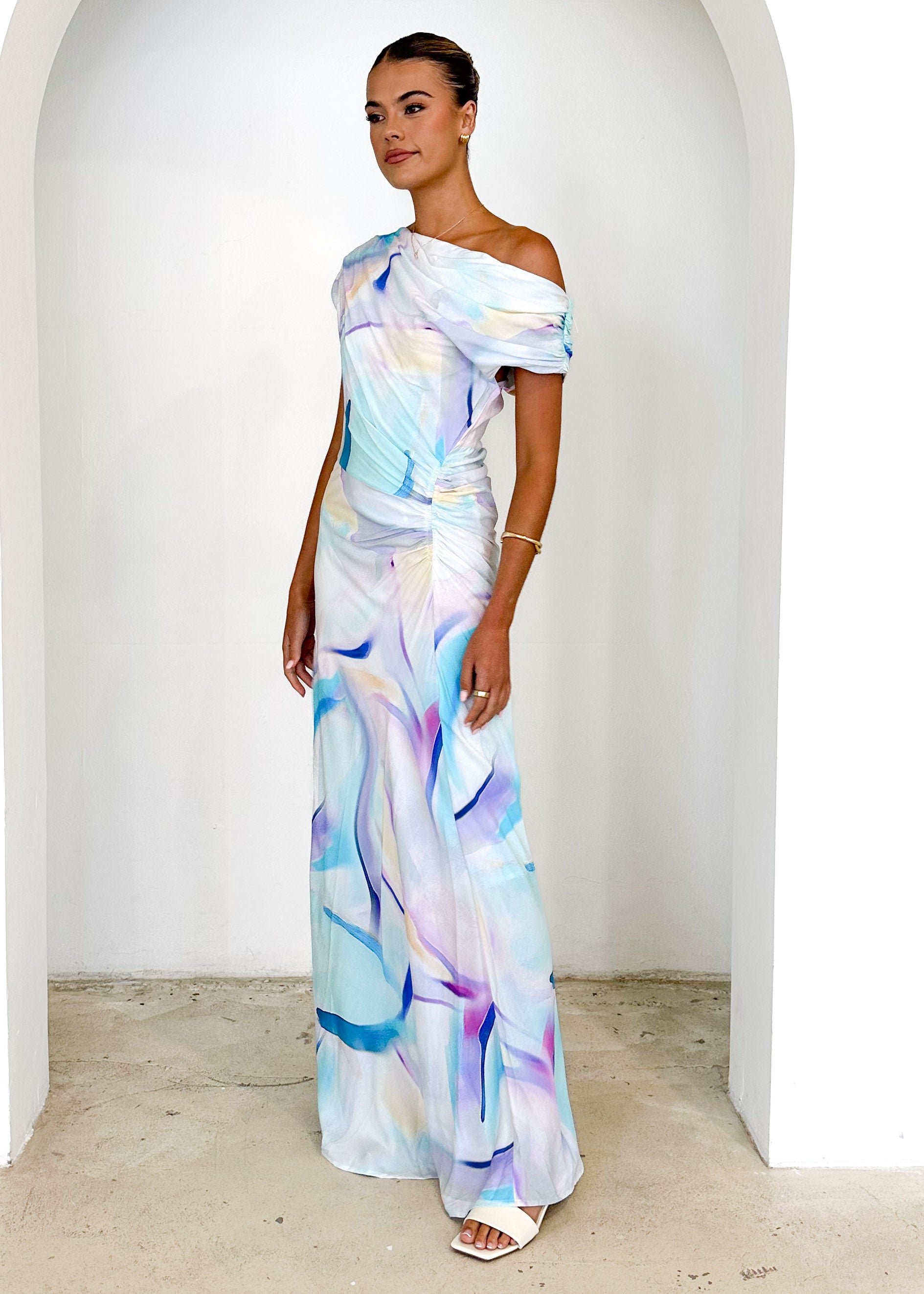 Flirtini One Shoulder Maxi Dress - Blue Swirl