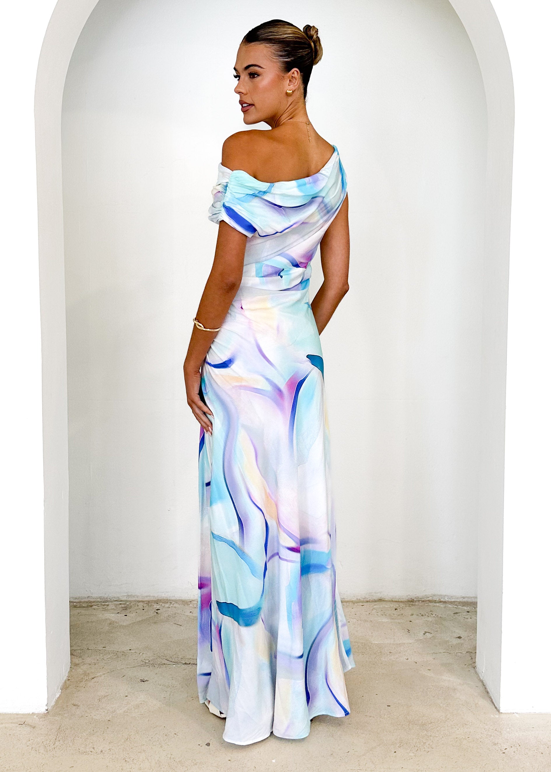 Flirtini One Shoulder Maxi Dress - Blue Swirl