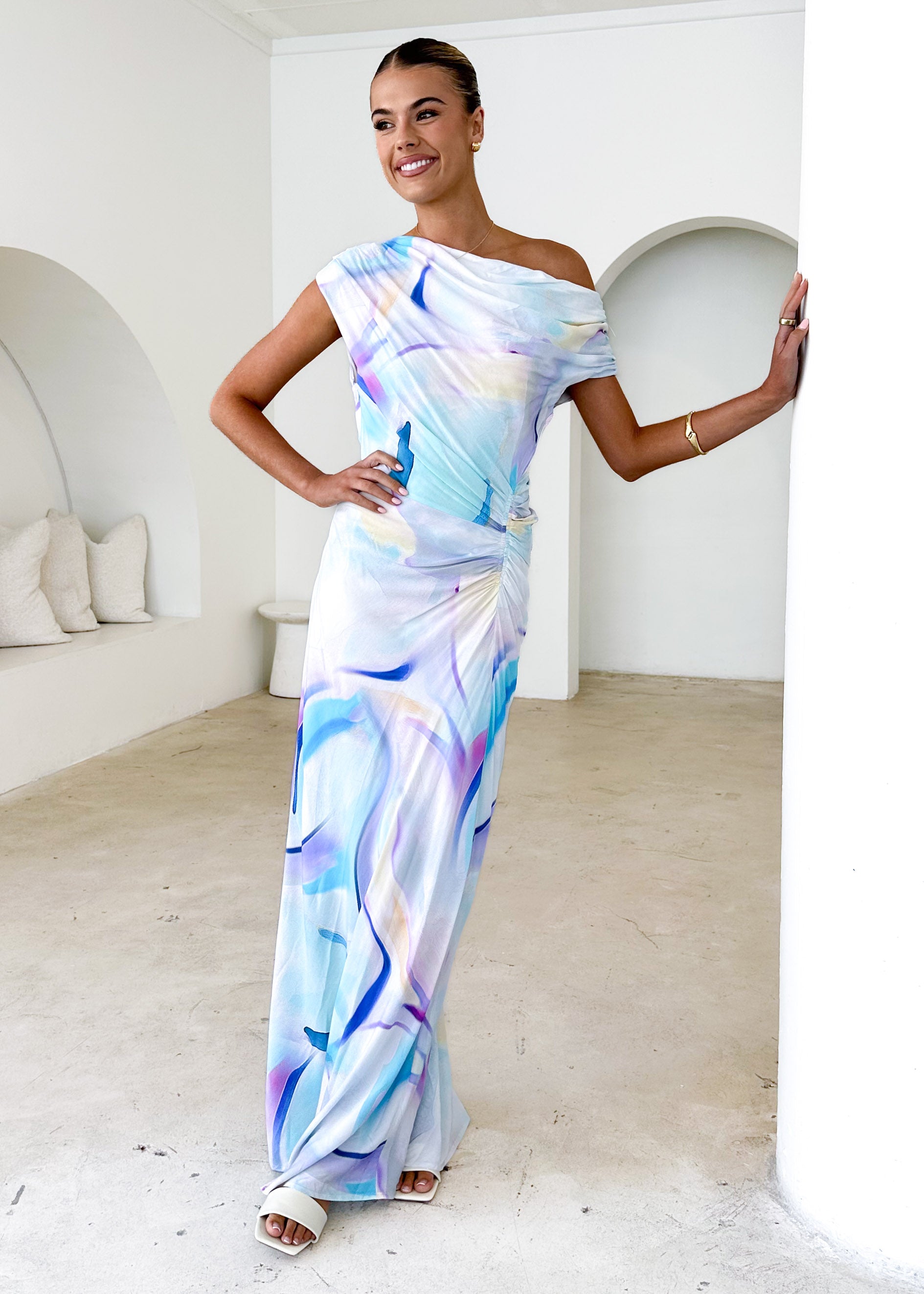 Flirtini One Shoulder Maxi Dress - Blue Swirl