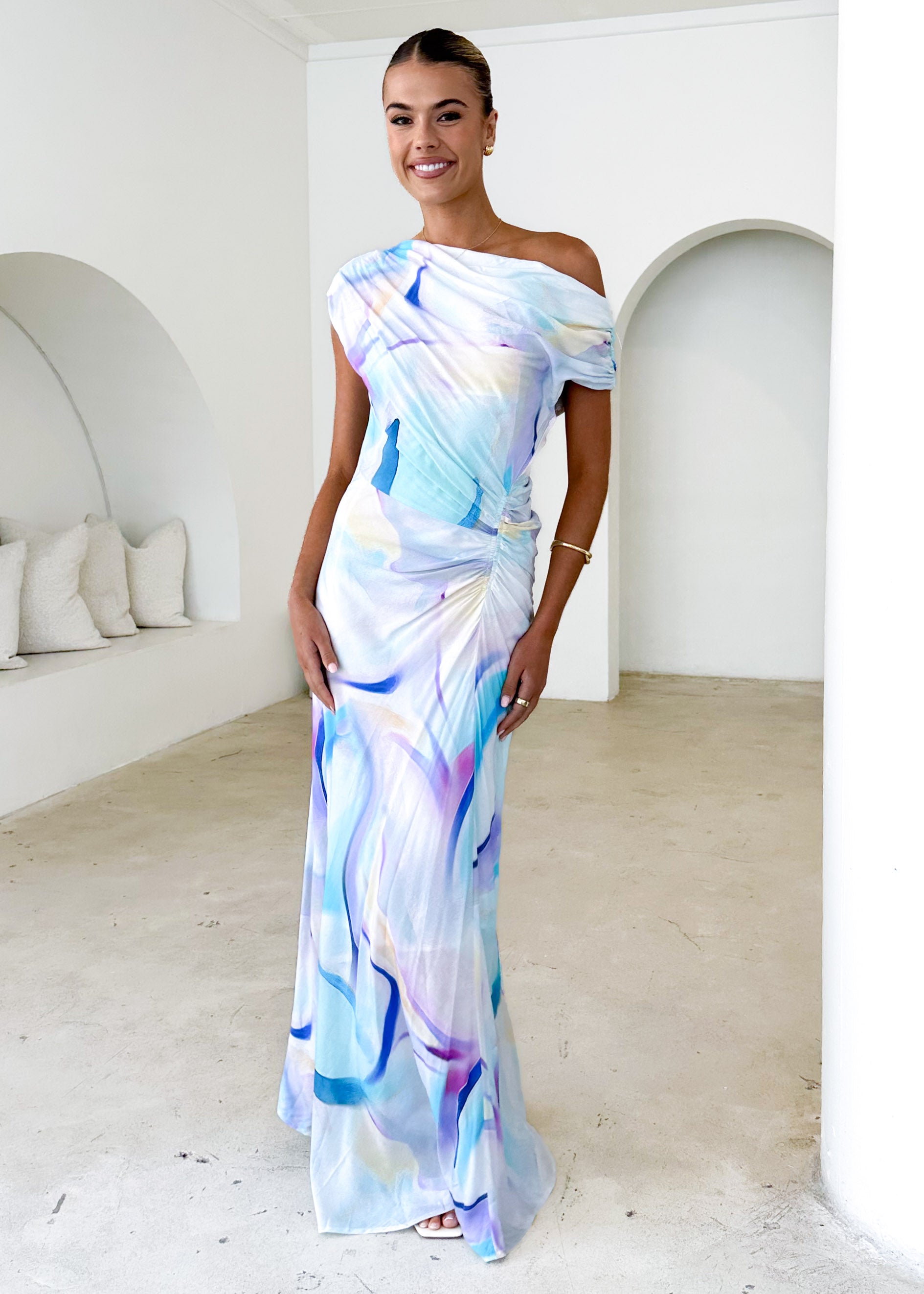 Flirtini One Shoulder Maxi Dress - Blue Swirl