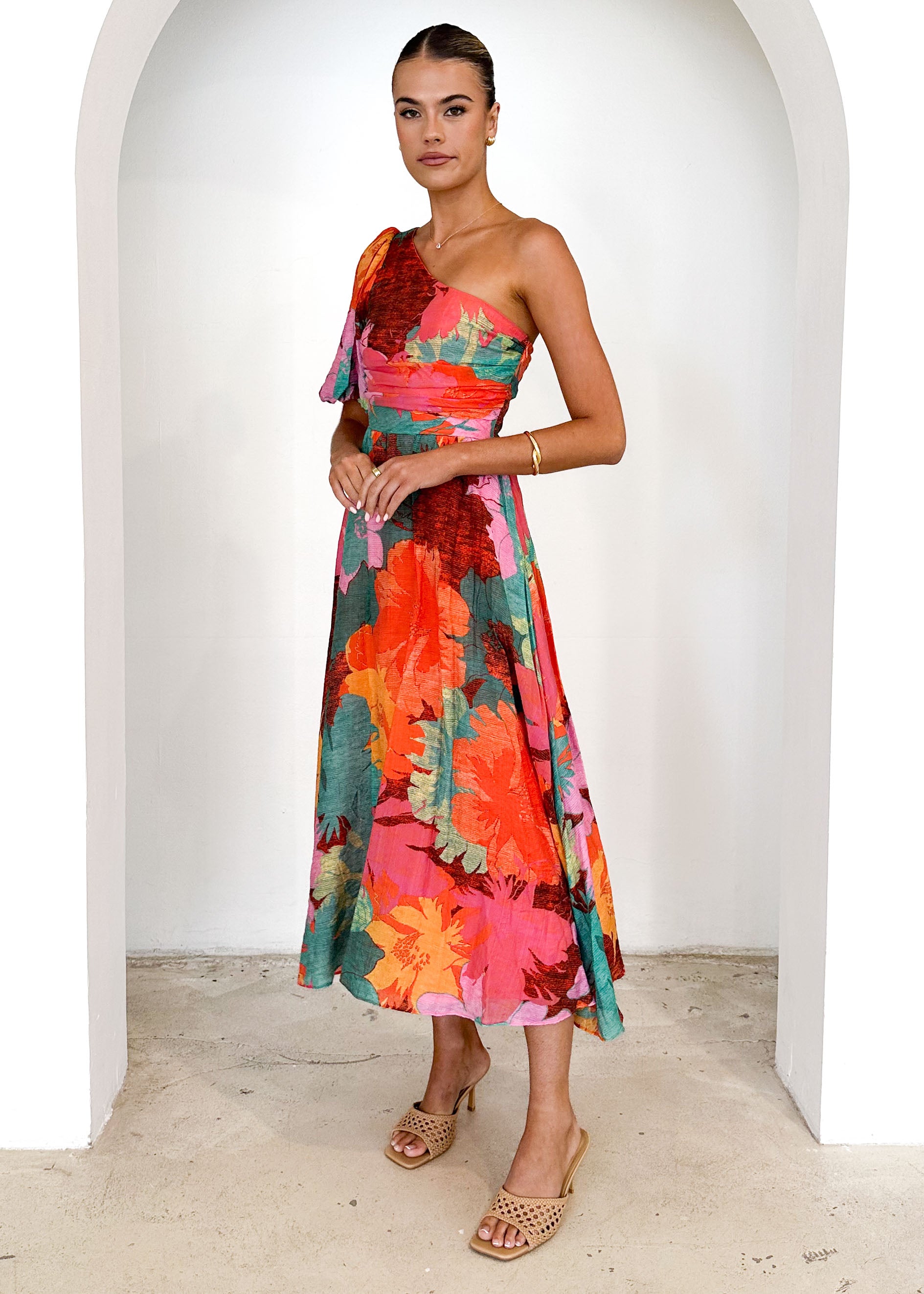 Marika One Shoulder Midi Dress - Retro Flowers