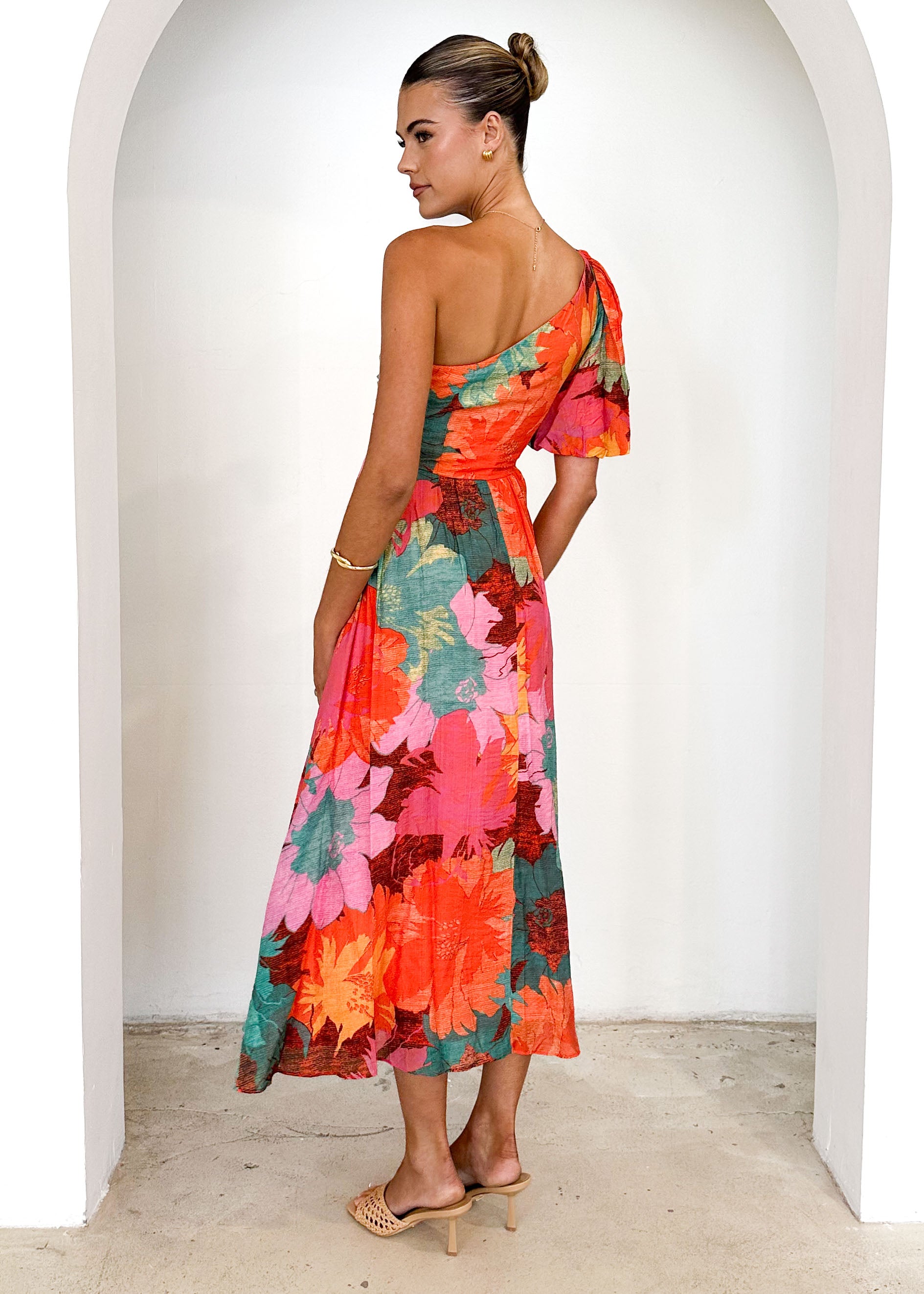 Marika One Shoulder Midi Dress - Retro Flowers