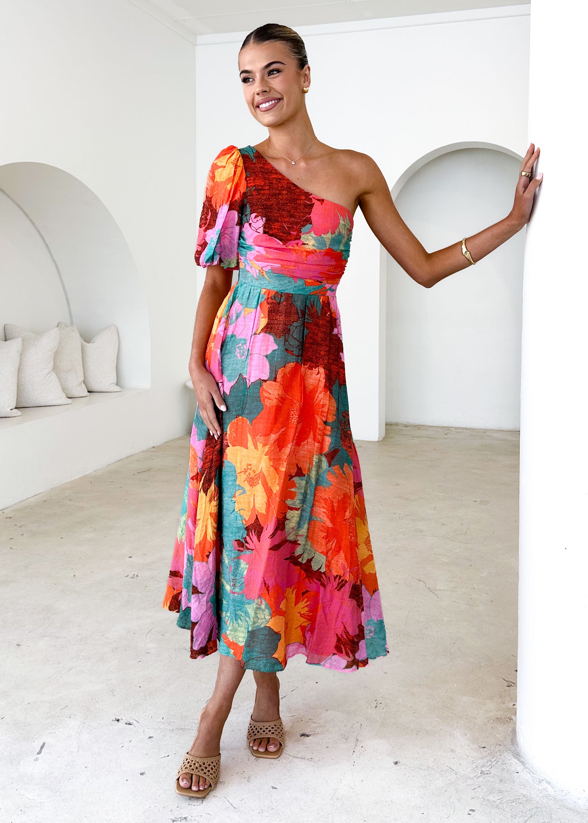 Marika One Shoulder Midi Dress Retro Flowers